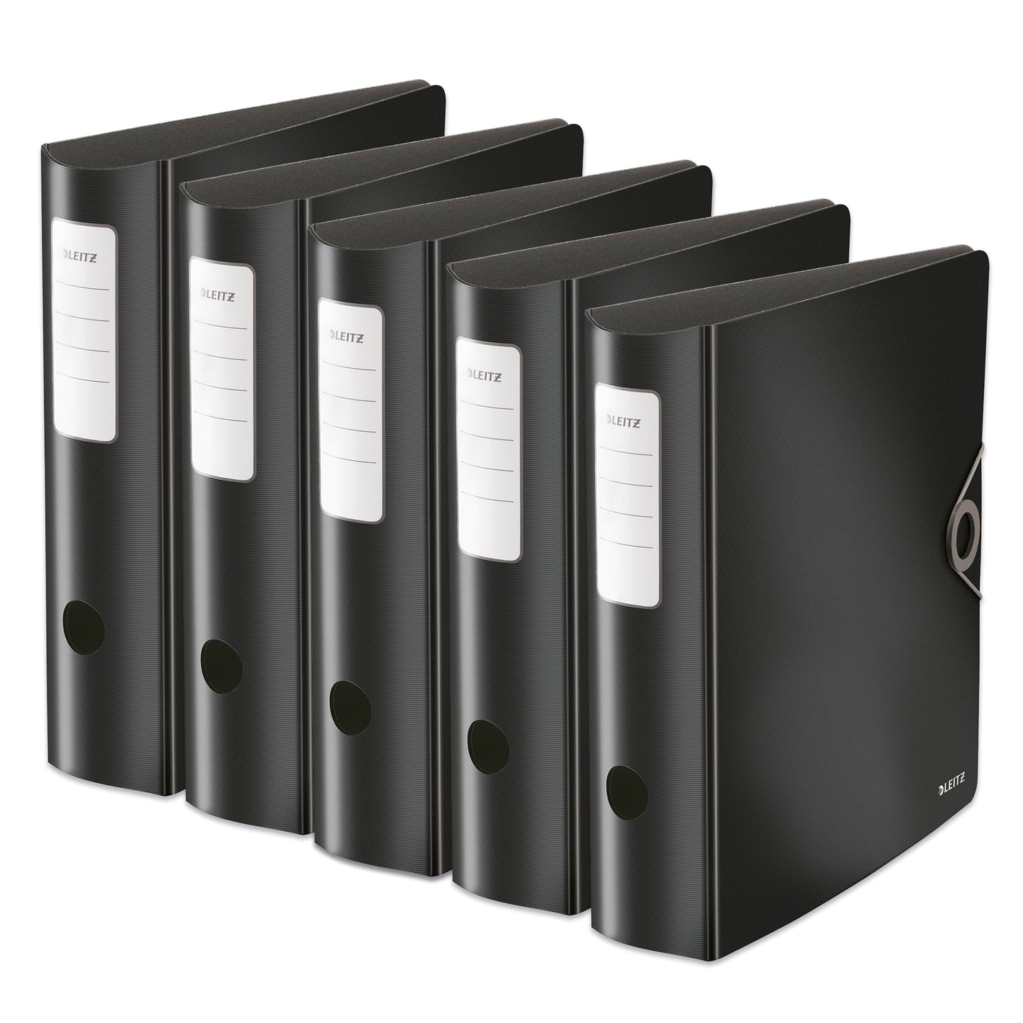 Leitz quality folder 180° Active Solid, pack of 5, A4, wide, rounded spine, 8.2 cm wide, elastic band closure, light polyfoam, plastic folder, black, 10471095 - 10471095-5