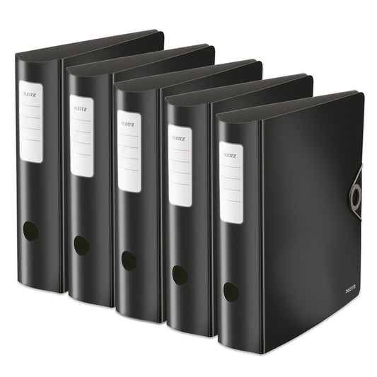 Leitz quality folder 180° Active Solid, pack of 5, A4, wide, rounded spine, 8.2 cm wide, elastic band closure, light polyfoam, plastic folder, black, 10471095 - 10471095-5
