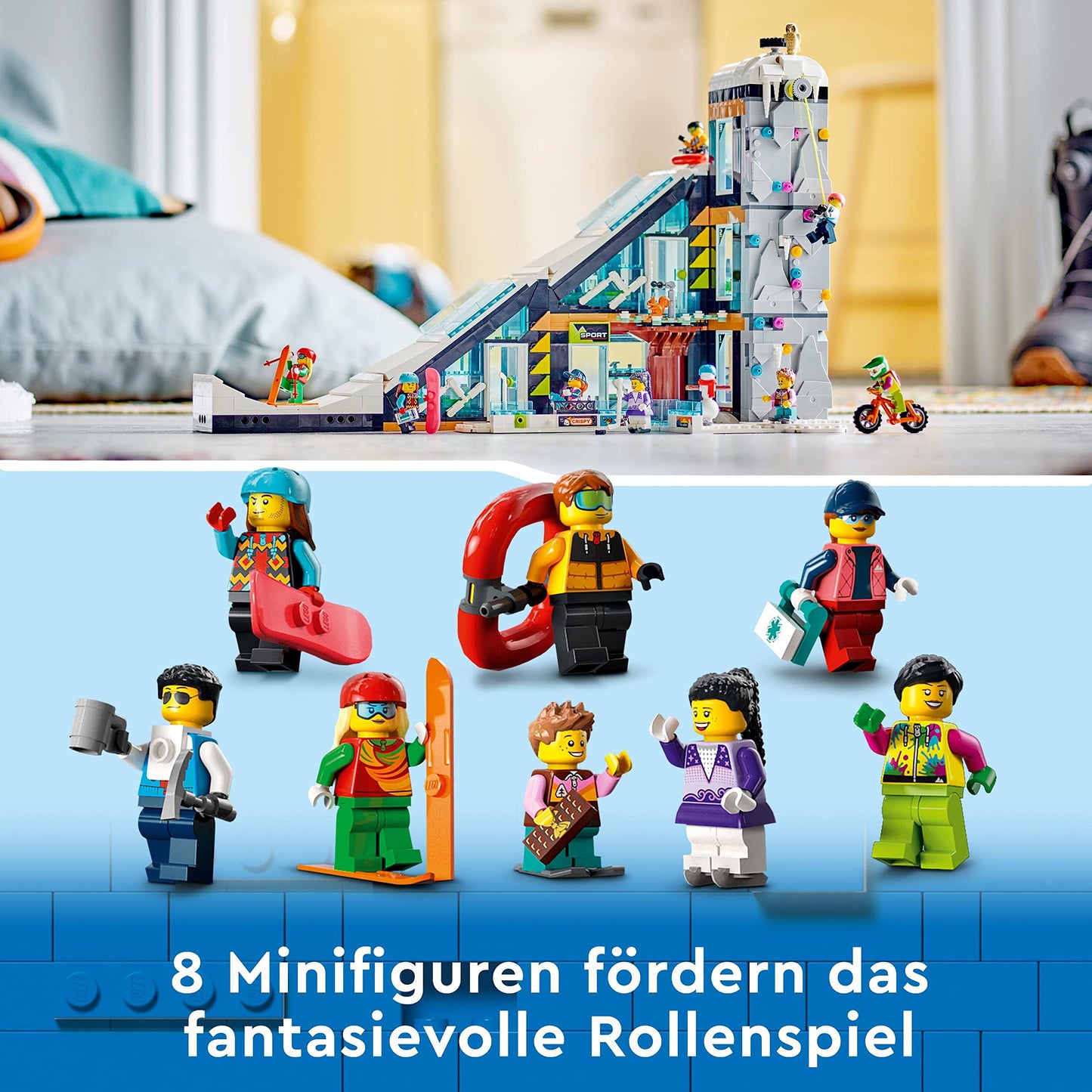 LEGO 60366 City Winter Sports Park, set with winter sports shop, café and a working lift for skiers, toy with 8 minifigures and an owl figure, building with modules, 2023 gift