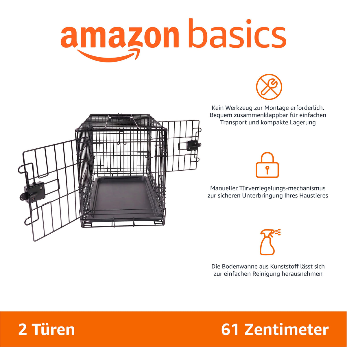 Amazon Basics Foldable Dog Cage made of Wire with Floor Tray, Double Door, Black, L 61 x W 46 x H 49 cm - 9001N-24B