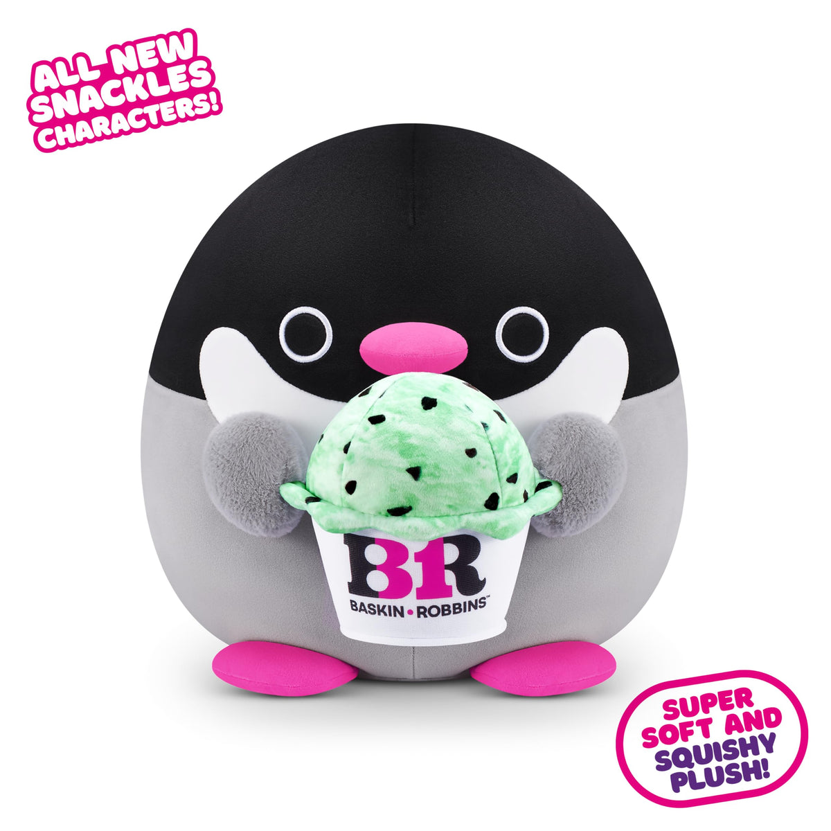 Snackles, Series 2, Penguin (Baskin Robbin), Plush Toy, Cuddly Squishy Comfort Plush with Licensed Snack Brand Accessory, Large (40 cm), Brown Box, (Penguin) - 77606G