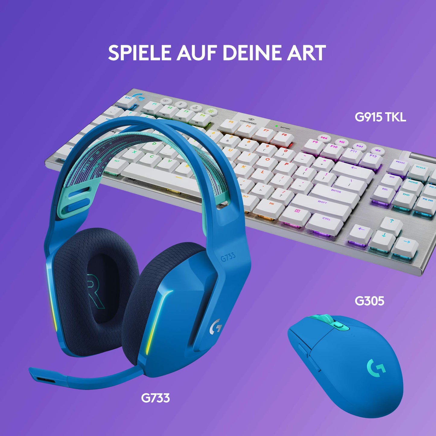 Logitech G733 LIGHTSPEED wireless gaming headset with headband, LIGHTSYNC RGB, Blue VO!CE microphone technology, PRO G speakers, ultralight, 29-hour battery life, 20m range - Blue - 981-000943
