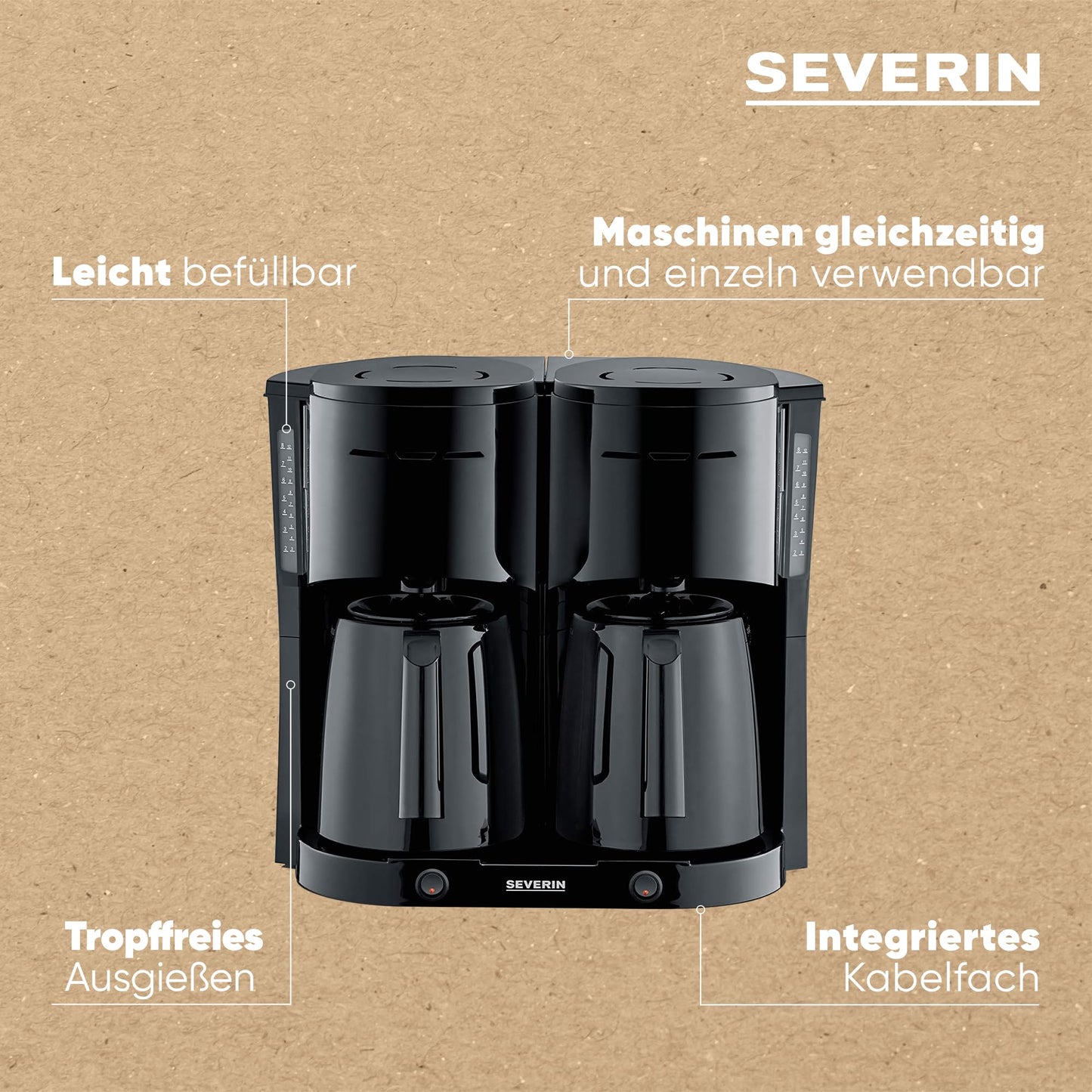 Severin duo filter coffee machine with thermal jug, coffee machine for up to 16 cups, attractive filter machine with 2 vacuum jugs, black, KA 9315