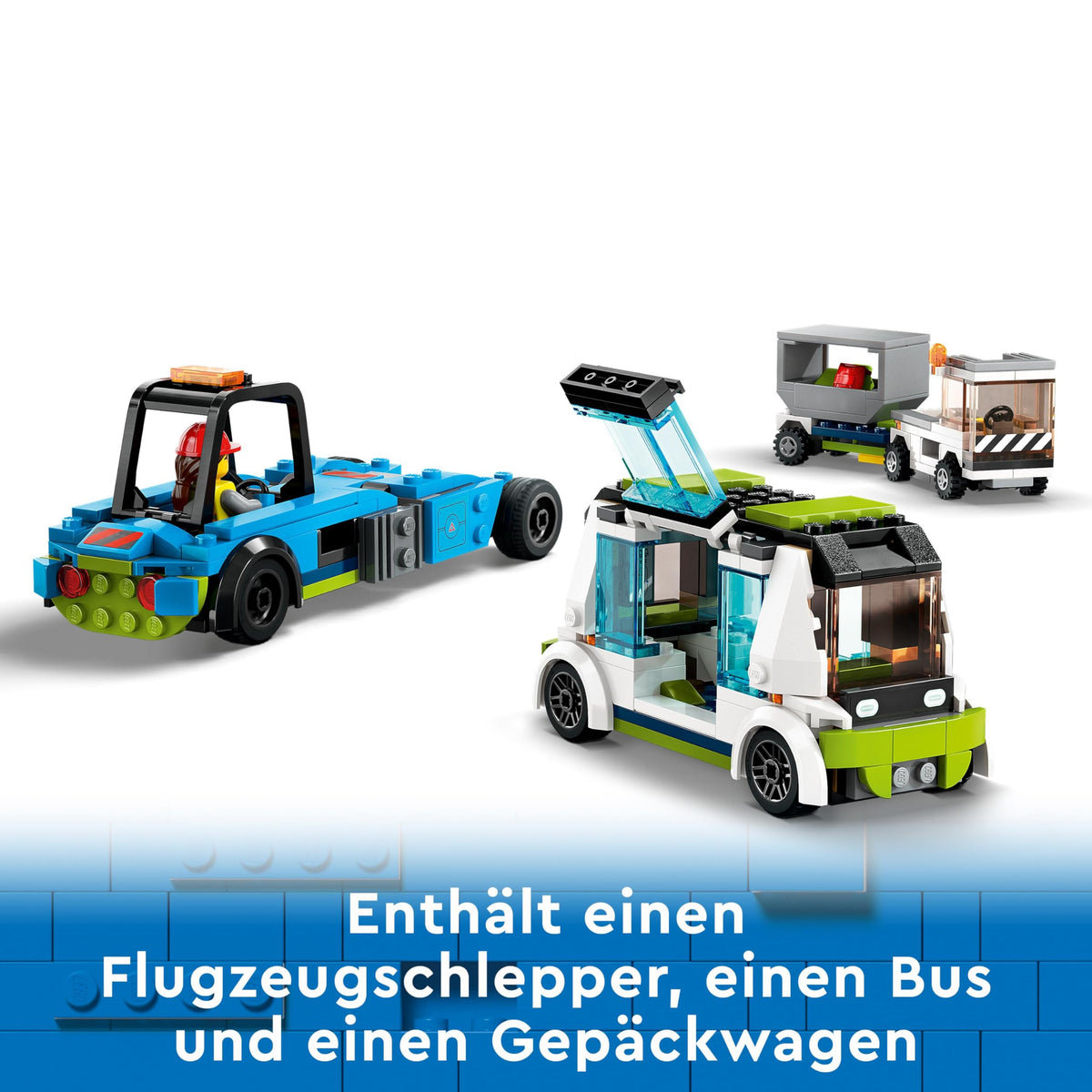LEGO 60367 City Passenger Airplane Toy Set, large airplane model with airport ground crew vehicles: apron bus, pushback tug, catering loader, baggage cart, and 9 minifigures.