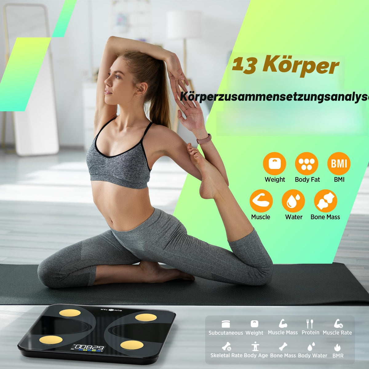 RunSTAR Cântar de grăsime corporală, cântar digital pentru persoane cu display mare, analizor pentru 13 valori esențiale ale corpului, cu sincronizare prin aplicație, Negru Aurit - FG2210-G