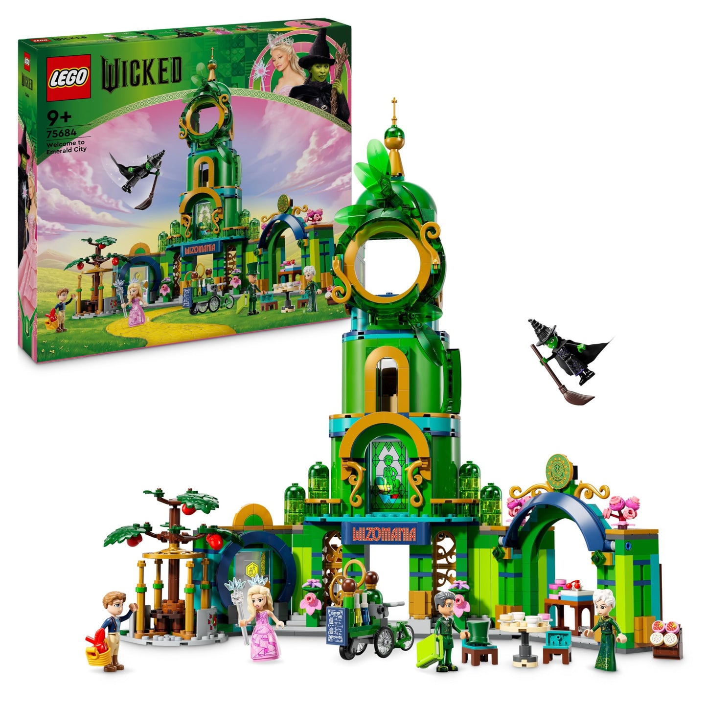 LEGO Wicked Welcome to Emerald City, toy with tower, Glinda and Elphaba mini-dolls, gift for fans of the film and girls and boys aged 9 and up who love dollhouses 75684