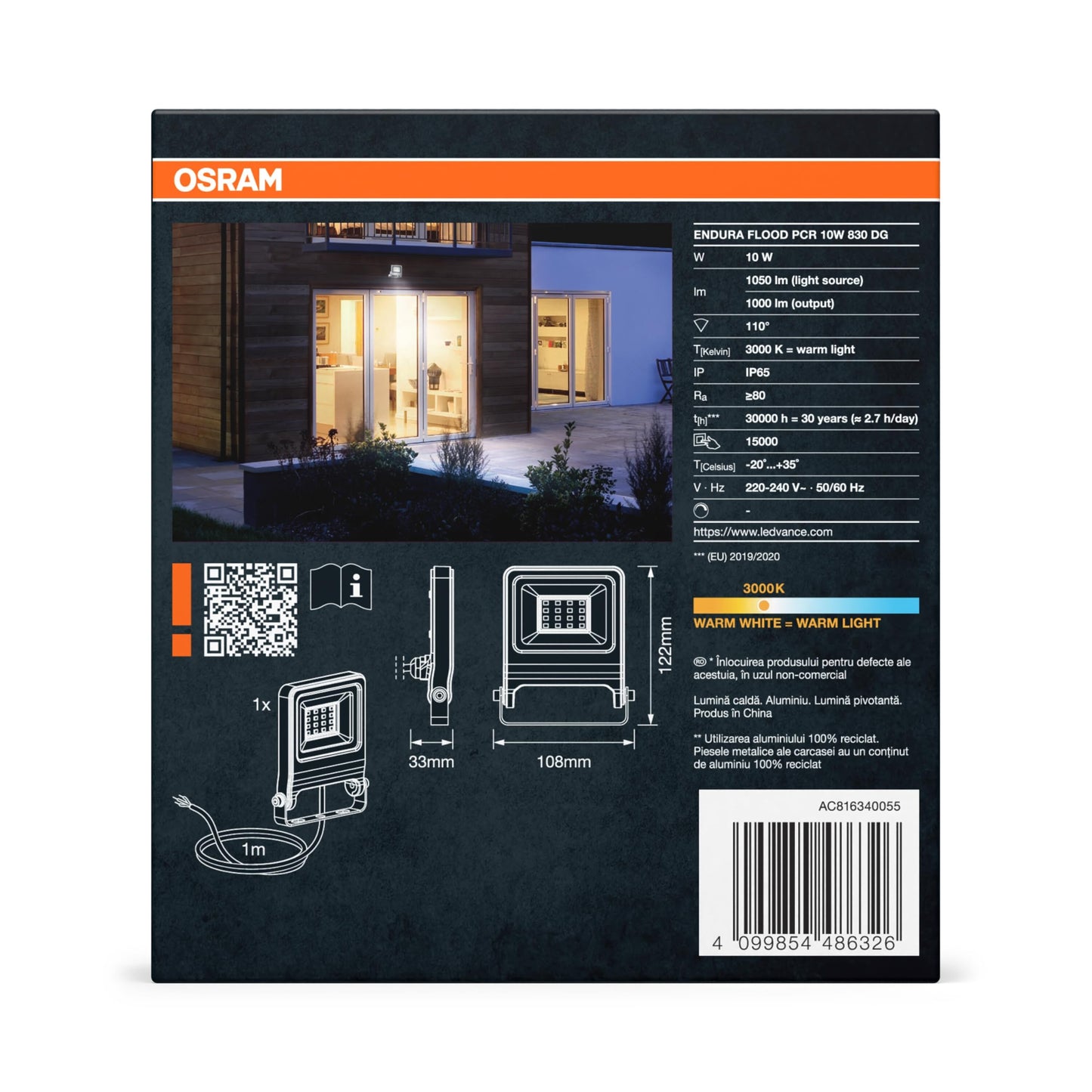 Osram ENDURA FLOOD PC 10W LED floodlight, 3000K warm white, 1000 lumens, IP65 floodlight weatherproof, recycled aluminum, 110° angle, dark gray (pack of 4) - 4099854486326