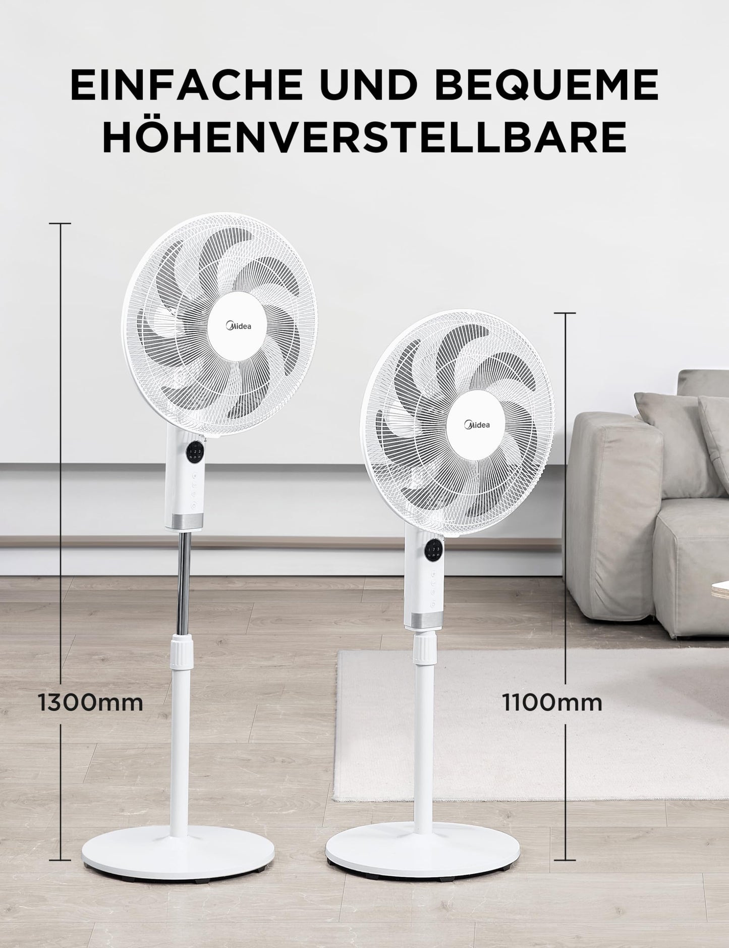 Midea FS40-23MR 3 speed pedestal fan, telescopic height and size, remote control, dual acceleration system, 90 degree swing left and right - MFS400R0APW