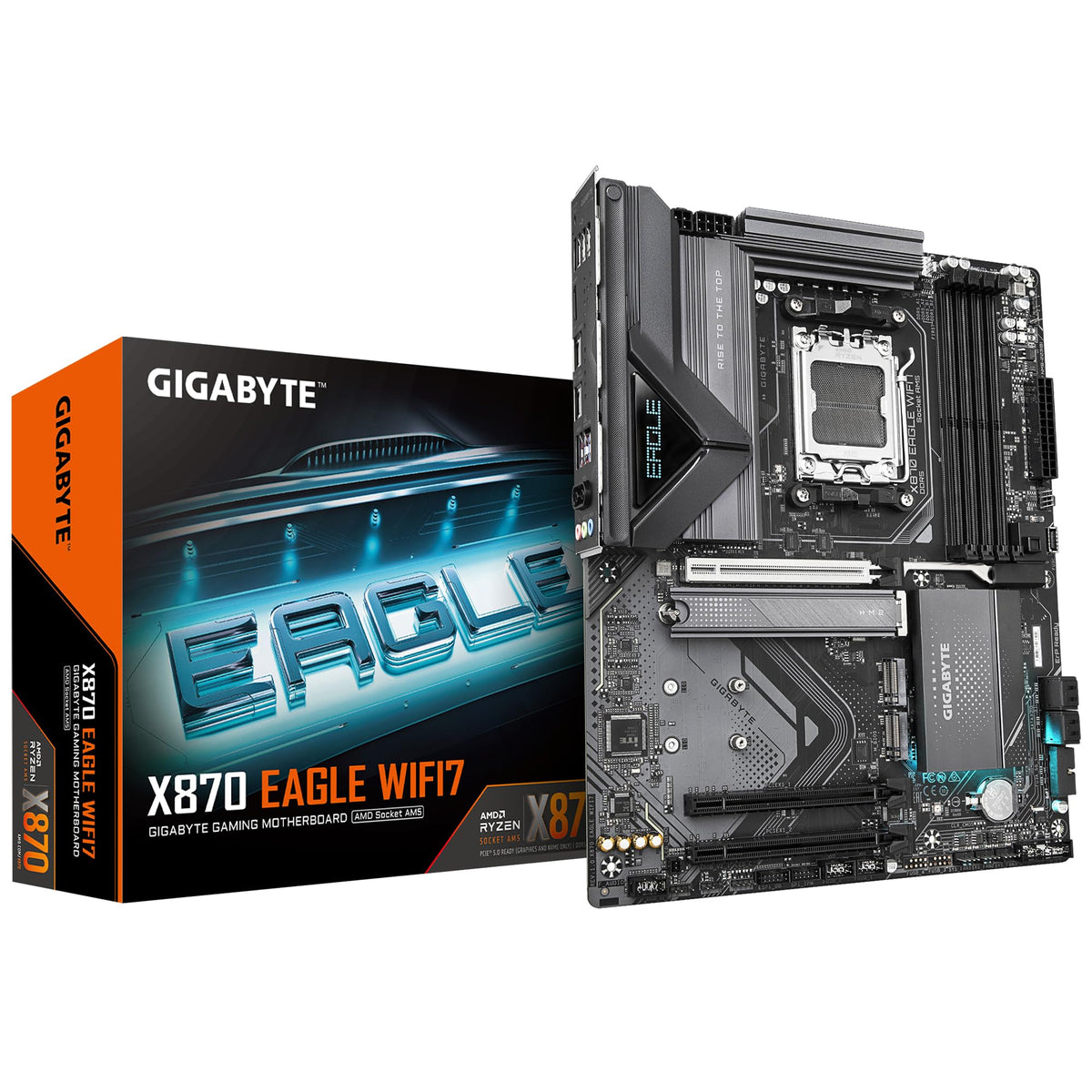 Placa de bază GIGABYTE X870 Eagle WIFI7 - Suportă procesoare AMD Ryzen 9000, VRM cu 14+2+2 faze, până la 8000MHz DDR5 (OC), 1xPCIe 5.0, Wi-Fi 7, LAN 2.5GbE, USB 4