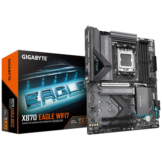 Placa de bază GIGABYTE X870 Eagle WIFI7 - Suportă procesoare AMD Ryzen 9000, VRM cu 14+2+2 faze, până la 8000MHz DDR5 (OC), 1xPCIe 5.0, Wi-Fi 7, LAN 2.5GbE, USB 4