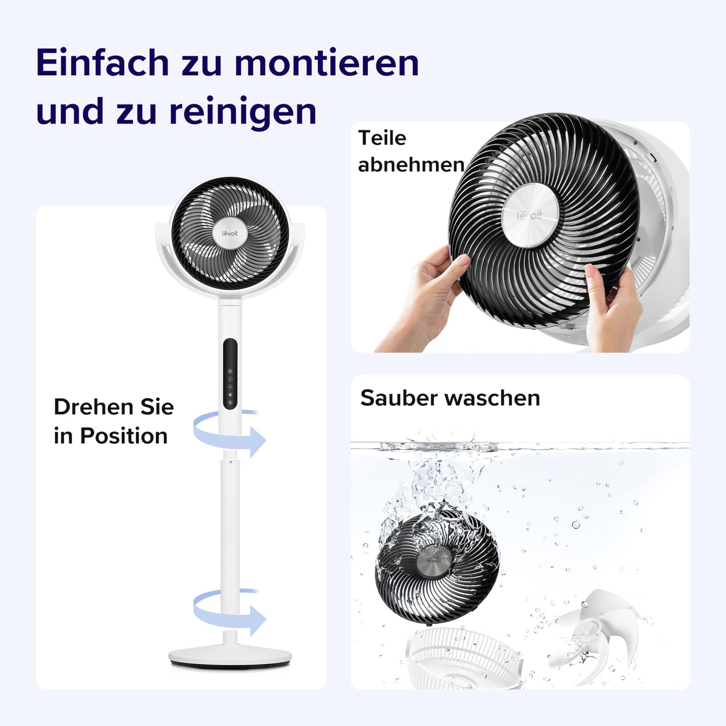 Levoit DC motor pedestal fan, 20dB quiet fan, 30m throwing distance, 2465m³/h air volume, fan with remote control and cooling, 2 in 1 height adjustable, 4 modes/12 levels/12 hour timer, white, 110cm - LPF-R432-WEU