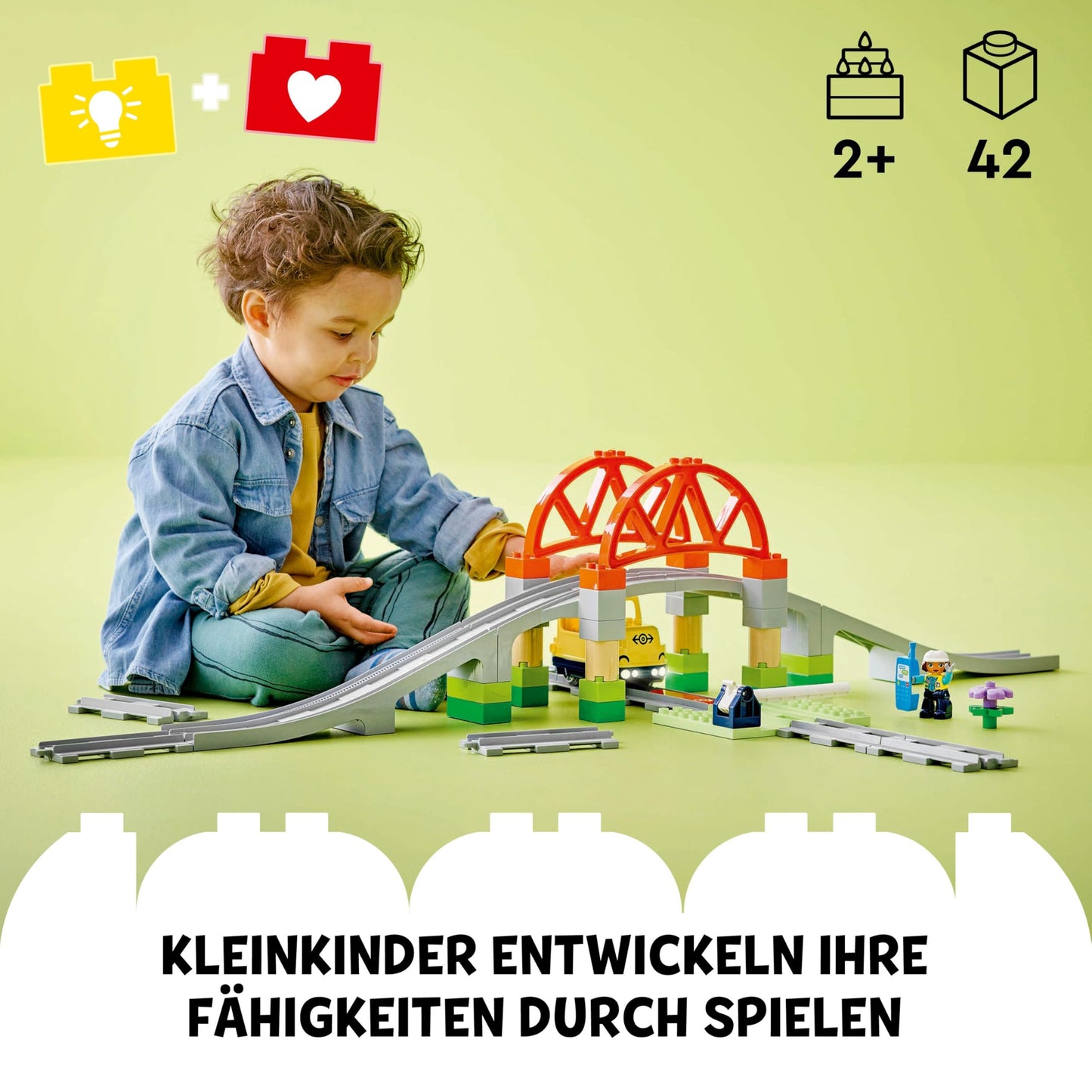 LEGO DUPLO railway bridge and rails - expansion set - educational toy for toddlers - including 8 track pieces, bridge, barrier & action stone - gift for boys and girls aged 2 and over - 10426