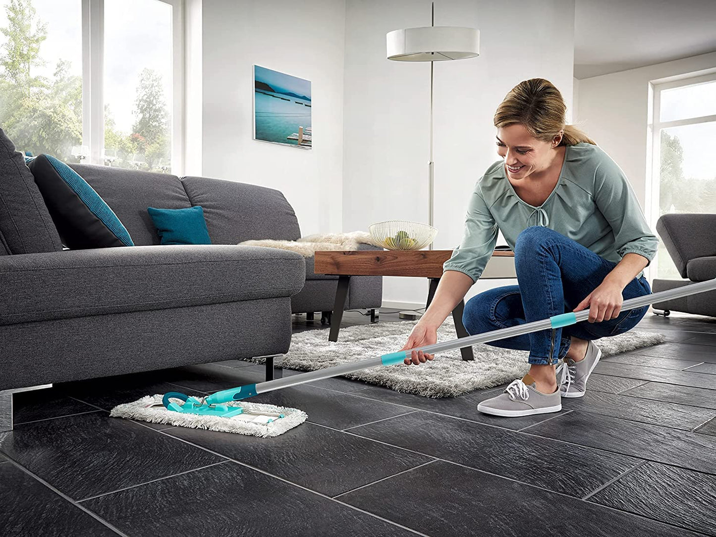 Leifheit back-friendly floor mop Profi XL Cotton Plus, steel handle 146cm, mop with foot click, for tiled and stone floors, 360° swivel joint, click system, environmentally friendly cardboard - 55456