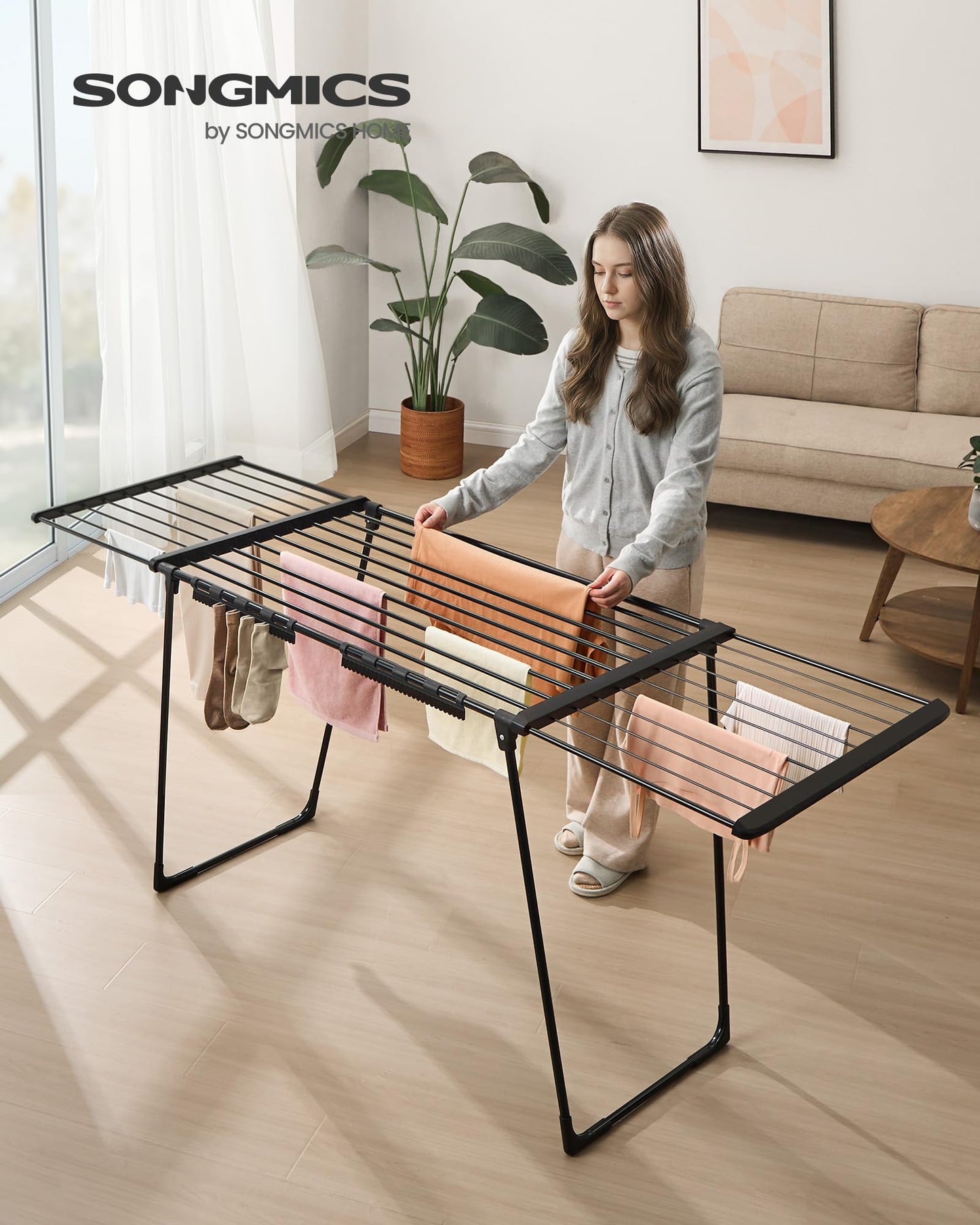 SONGMICS clothes airer, floor dryer, extendable wings, wing clothes airer, 22 m drying area, wing clothes dryer with sock holder, foldable, ink black LLR522BH01