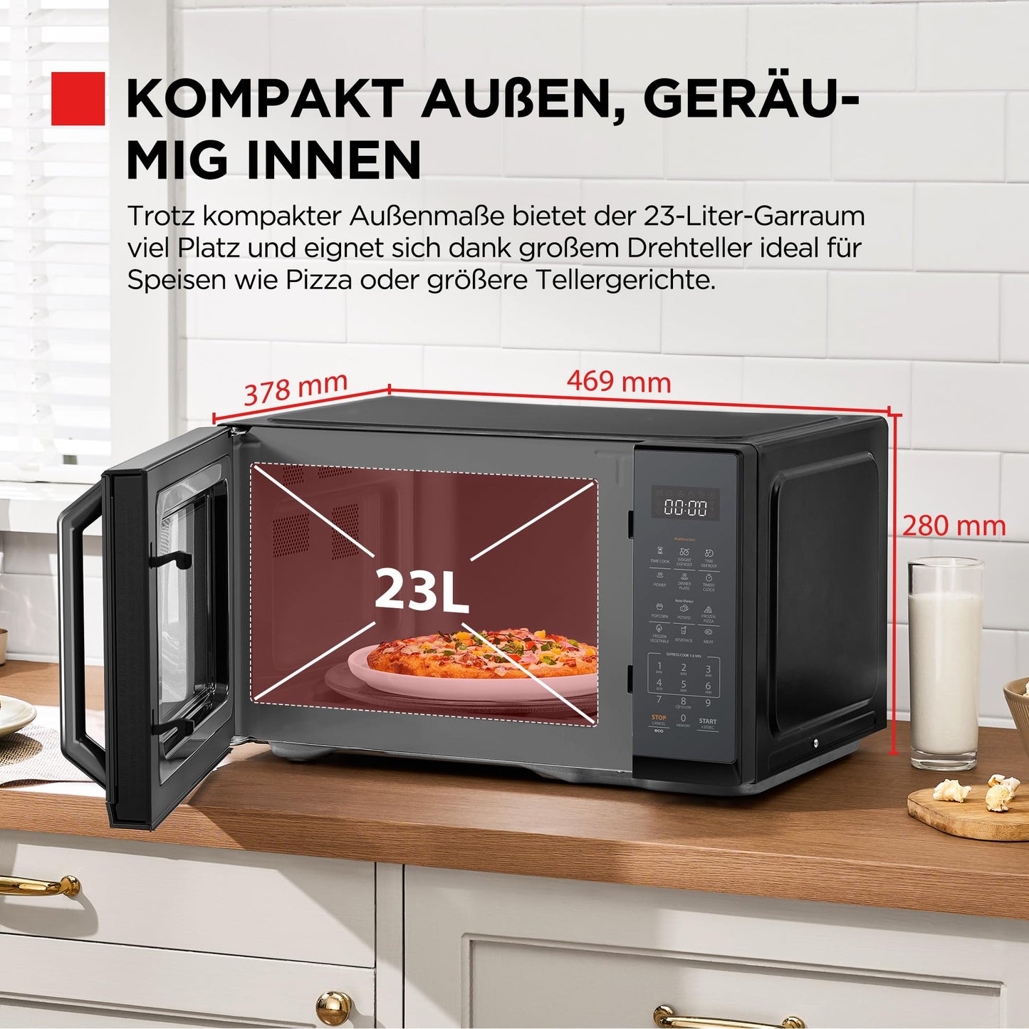 TOSHIBA microwave in mirror black, 23 liters, 800 W, digital solo microwave with 11 power levels, 6 automatic programs, quick start function, defrost function, digital display, MW3-EM23PE(BK)