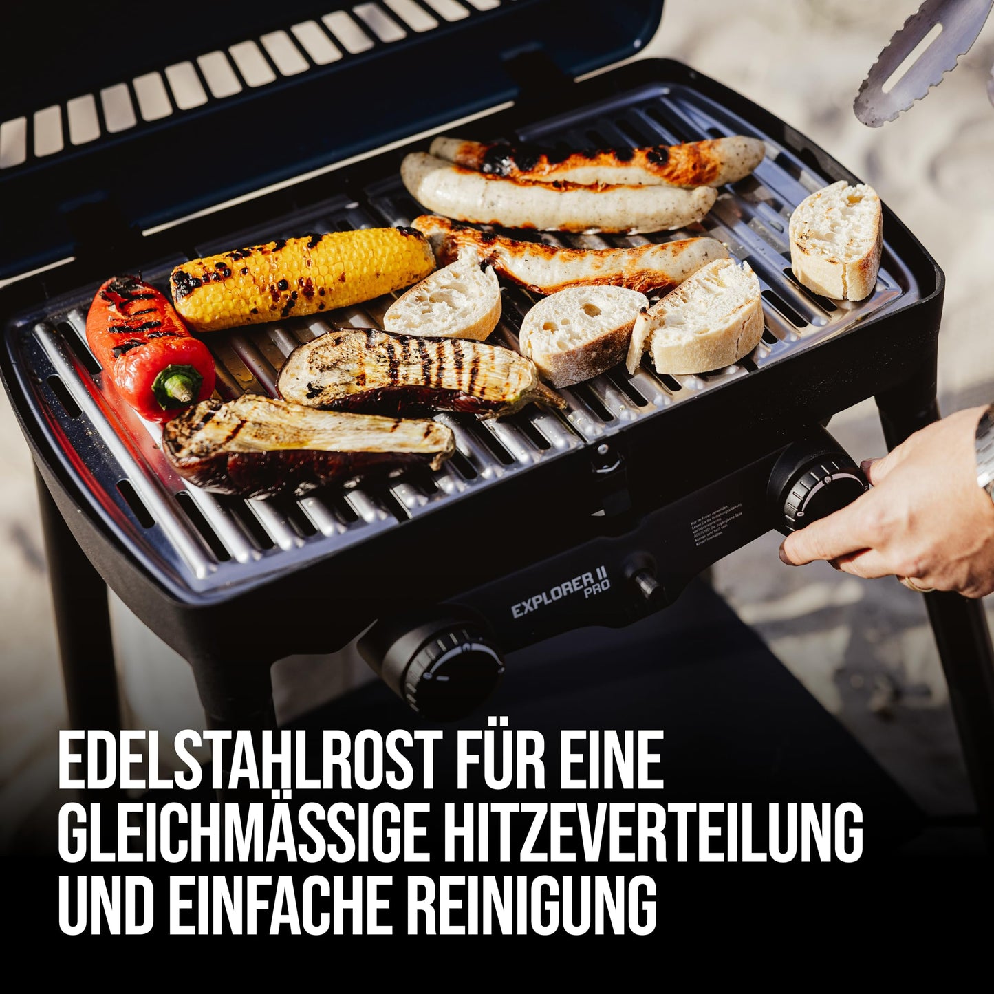 Enders® camping gas grill EXPLORER II PRO, integrated grill thermometer, grilling, cooking, baking function, 2 burners stainless steel, small balcony picnic grill - cast aluminum grill pan, #2108