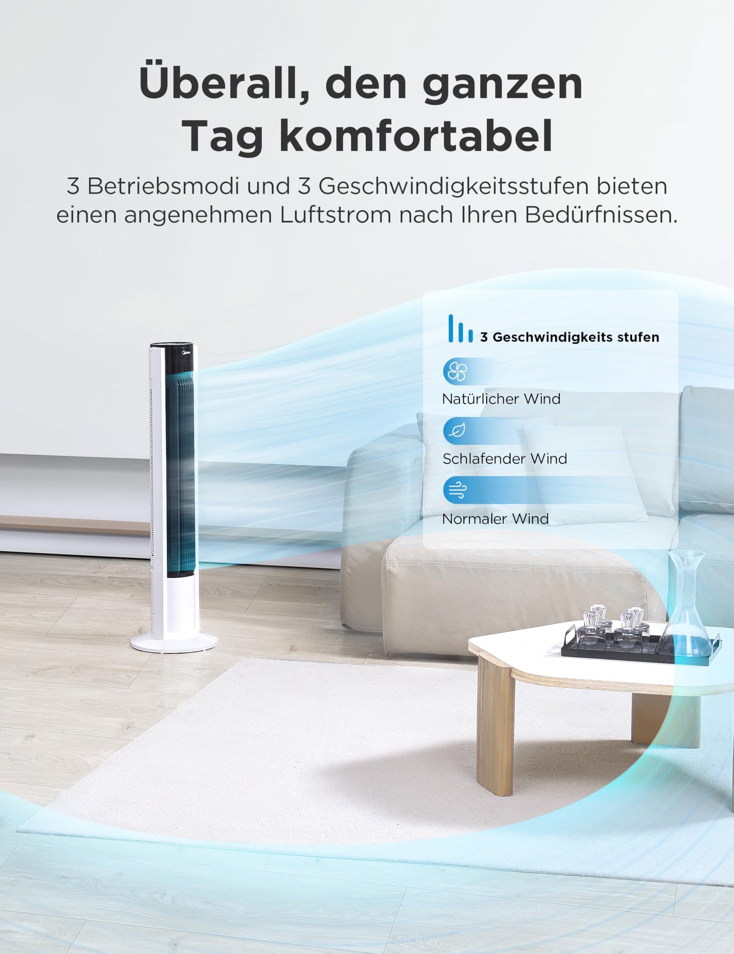 Midea FZ10-19BRA tower fan, robust copper motor, internal air supply, remote control, 7 hour timer, touch and control panel display, three modes and three speeds to choose from