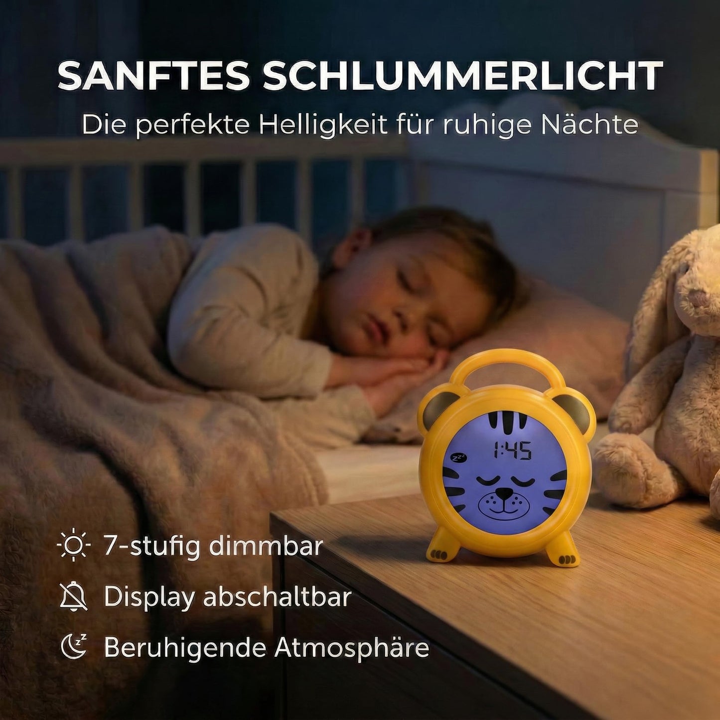 Alecto Monkey Alarm Clock Children - Children's Alarm Clock USB Rechargeable - Children's Alarm Clock with Night Light - Sleep Trainer (Yellow) - BC100TIGER