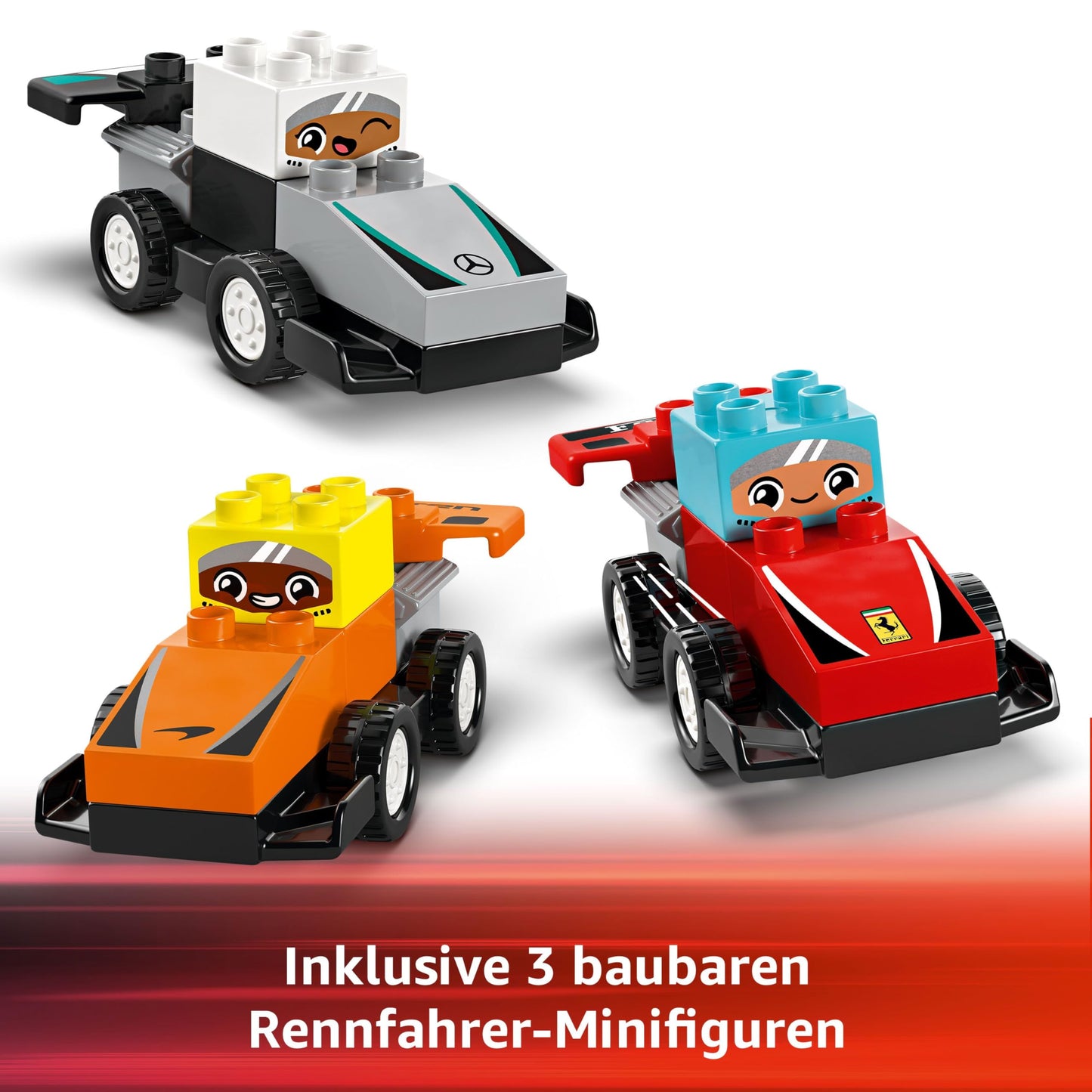LEGO DUPLO Town F1 Team racing cars with racing drivers - Montessori toys for girls and boys - educational toys for children aged 2 and over - 10 toy cars with crane, starting lights, winner's podium - 10445