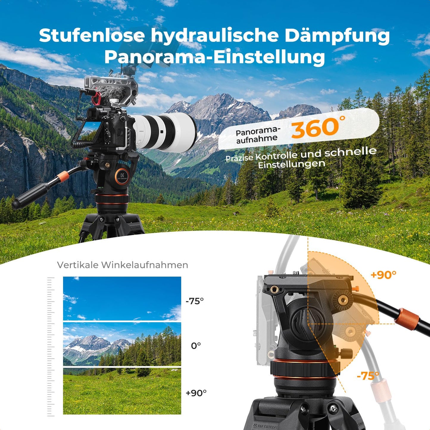 K&F CONCEPT 360° panoramic fluid head, video head with gentle damping - BV50