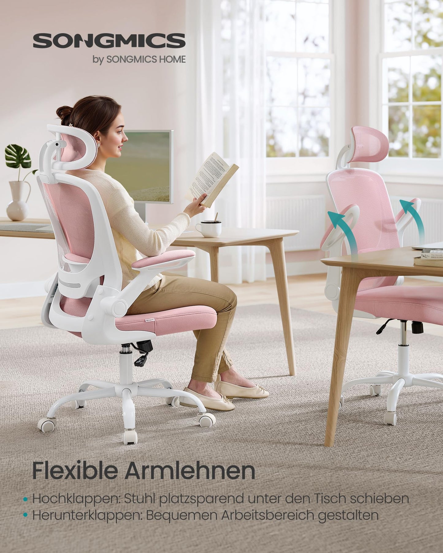 SONGMICS Ergonomic Office Chair, Swivel Chair with Mesh, Lumbar and Headrest, Rocker Function, 53cm Seat, Folding Armrests, Study and Bedroom, Students, Pastel Pink OBN047R01