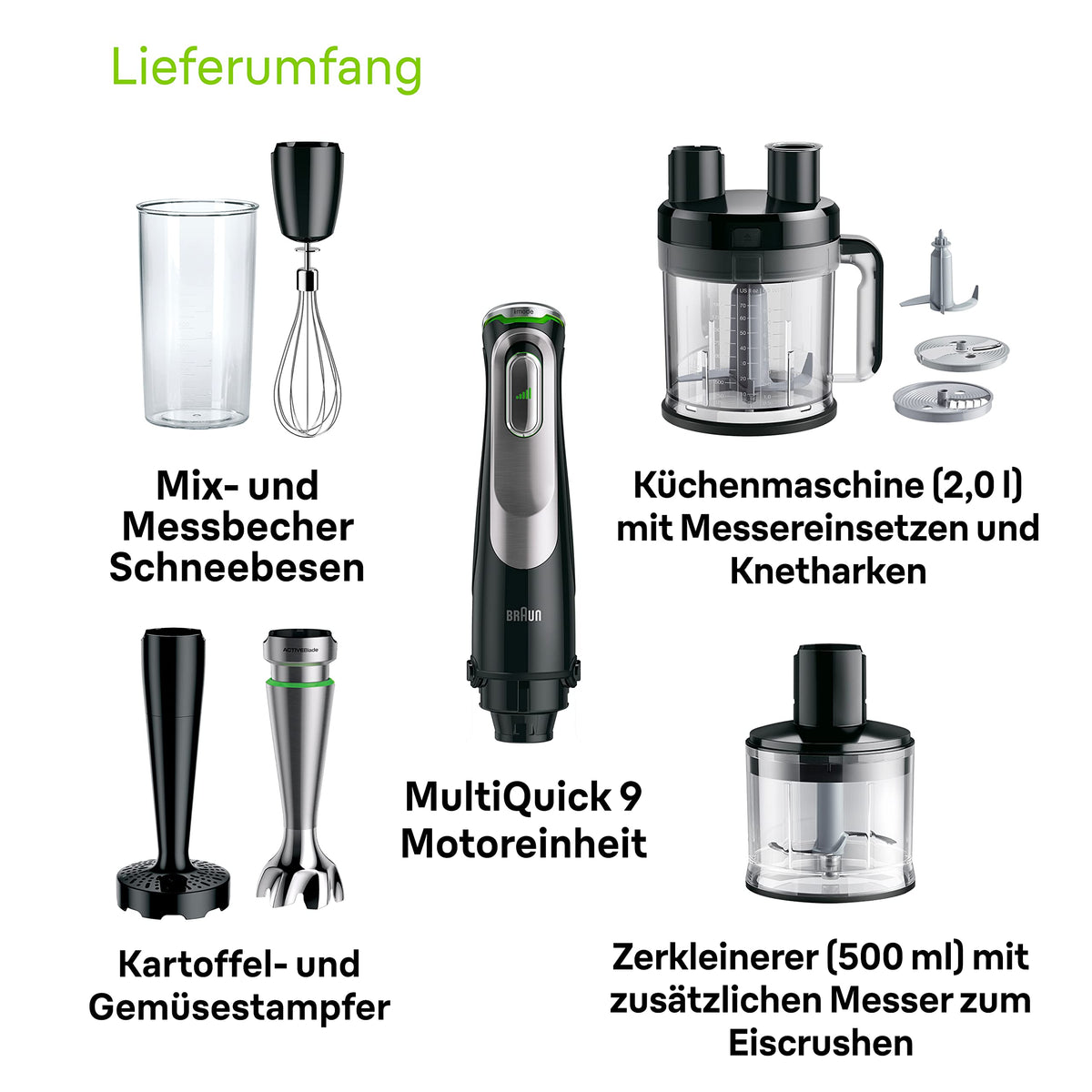 Braun MultiQuick 9 MQ 9187XLI - Electric Hand Blender with variable speed control, 4-piece accessory set, 1200 Watts, Black/Stainless Steel