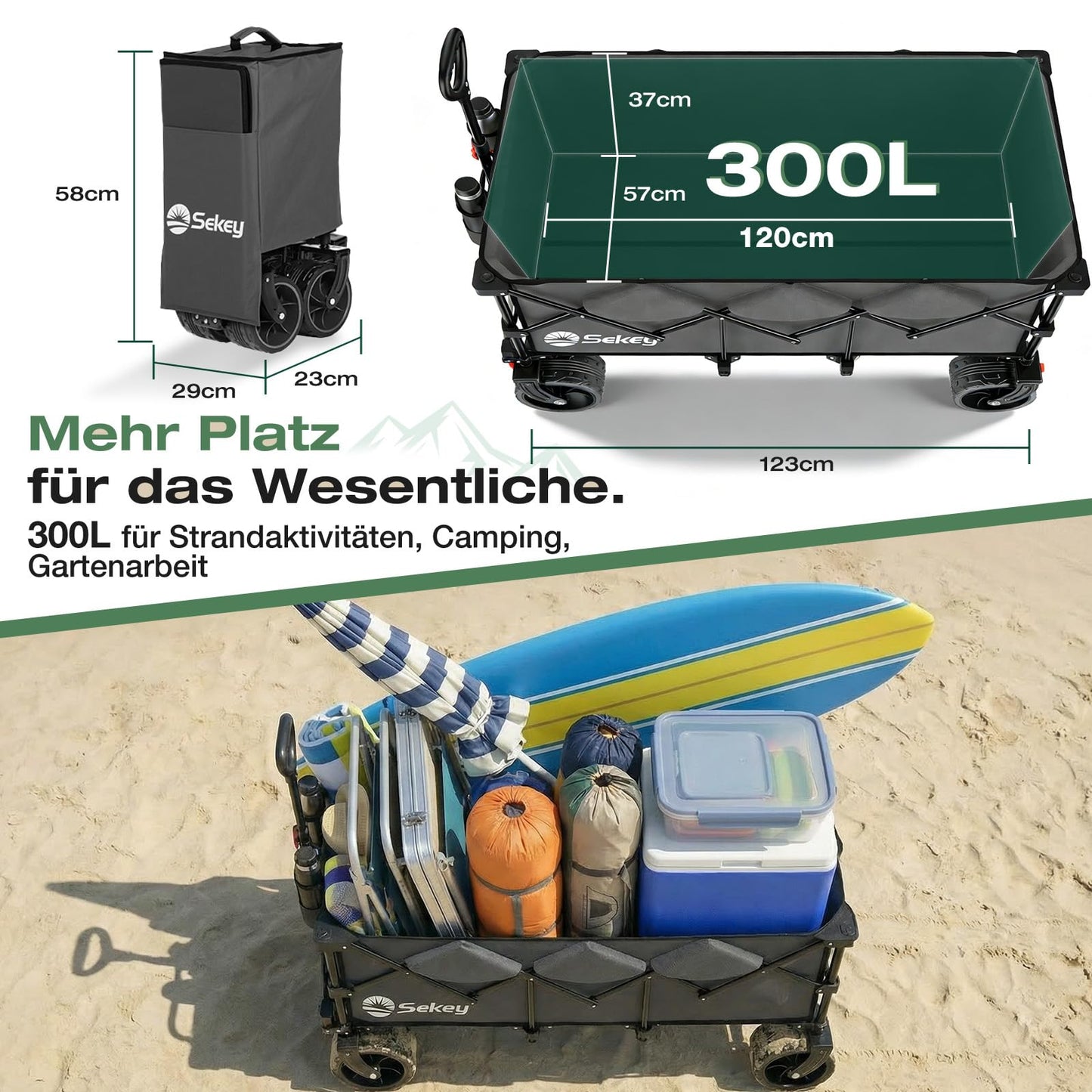 Sekey XXXL Handcart Foldable 300L 200KG Heavy Duty, Extended Folding Handcart with Extra Width 17x10 cm All-Terrain Wheels Handcart, Patented 4-Way Instant Assembly Transport Cart, Anthracite - FW36-1