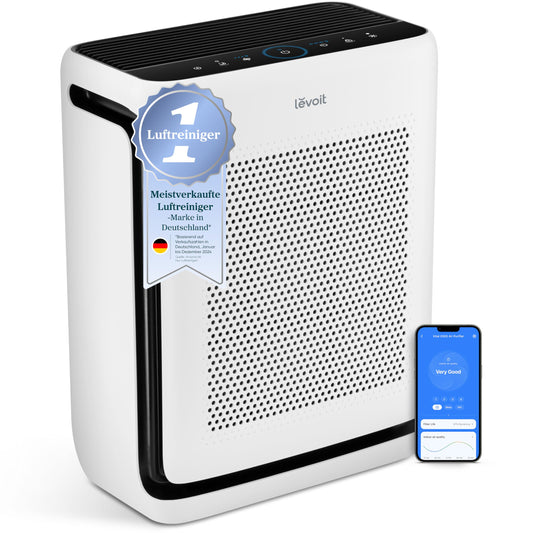 Levoit air purifier for allergy sufferers with animal mode, up to 87㎡ smoking rooms, dual sensor and washable pre-filter, HEPA air filter against 99.97 percent of animal hair and odors, mold dust, white/black - LAP-V201S-WEU