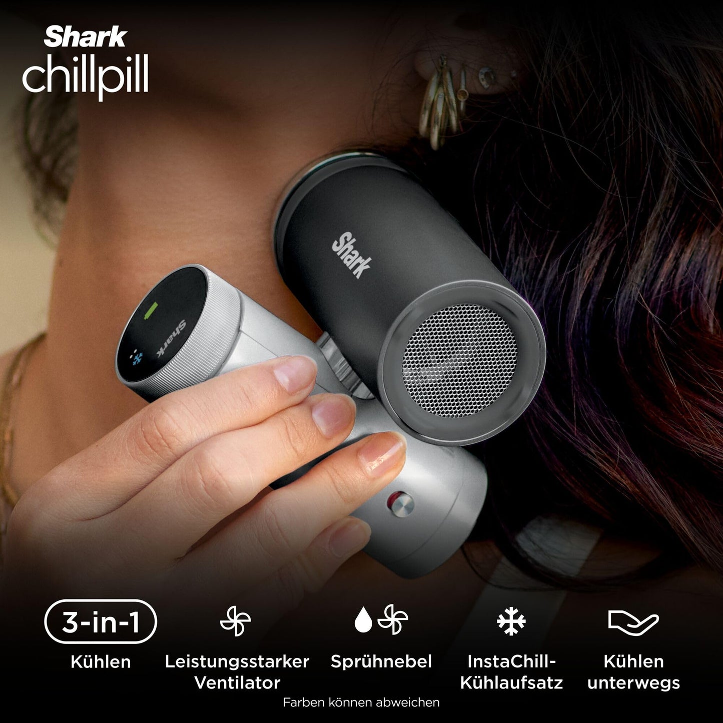 Shark ChillPill 3-in-1 High Speed Handheld Fan, Mist and InstaChill System, with 3 Cooling Attachments, Travel Friendly Design, Light Gray FA022EULV