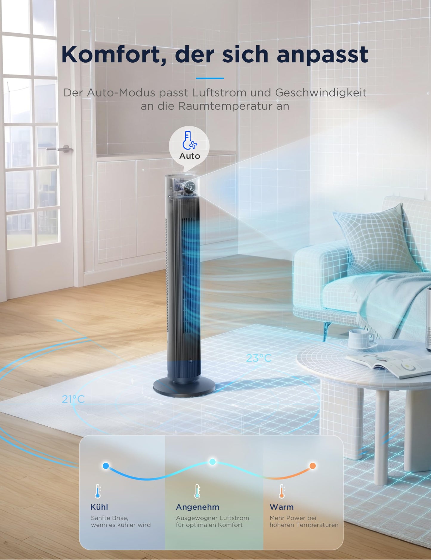 Midea FZ10-26ARDW Smart Quiet Tower Fan with Remote Control, 19 dB Whisper Quiet, DC Motor, 4 Modes & 12 Levels, 24h Timer, App Control for Bedroom, Living Room & Office, Black, 105cm - FZ10-26ARDW(BL)