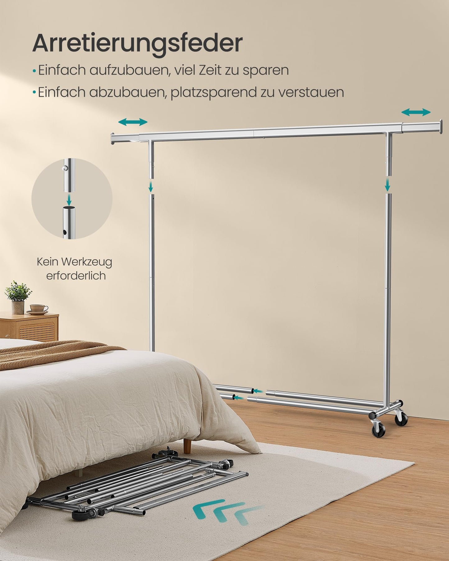 SONGMICS clothes rack on wheels, heavy-duty coat rack, extendable clothes rail, loads up to 150 kg, easy assembly, transportable, silver HSR175E01 - UHSR175E01