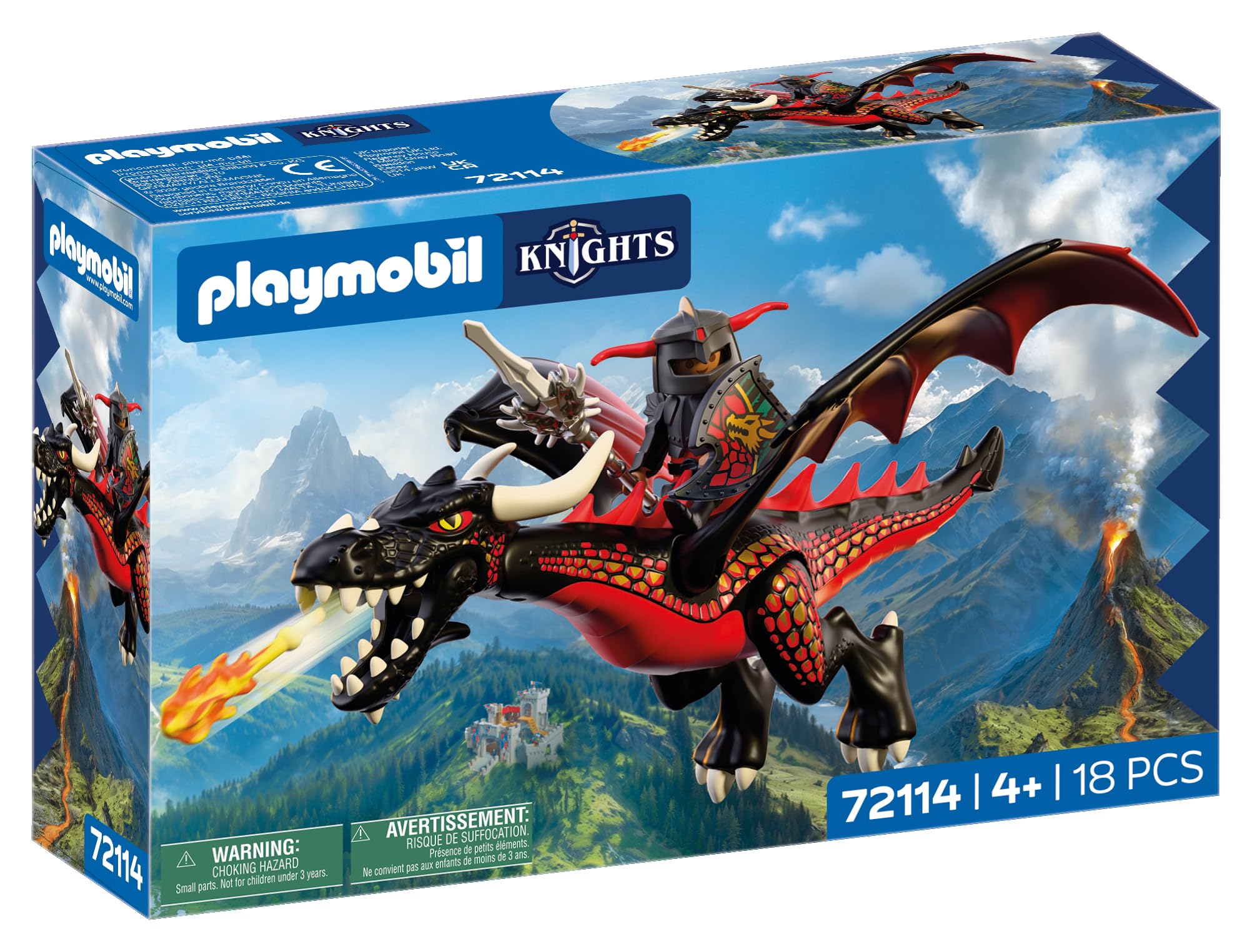 PLAYMOBIL | Knights | Black Dragon | Large fire dragon with shooting function and knight | Dragon toy for children aged 4 and up | 72114