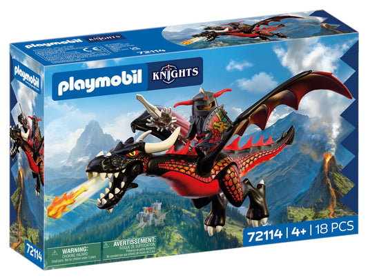 PLAYMOBIL | Knights | Black Dragon | Large fire dragon with shooting function and knight | Dragon toy for children aged 4 and up | 72114