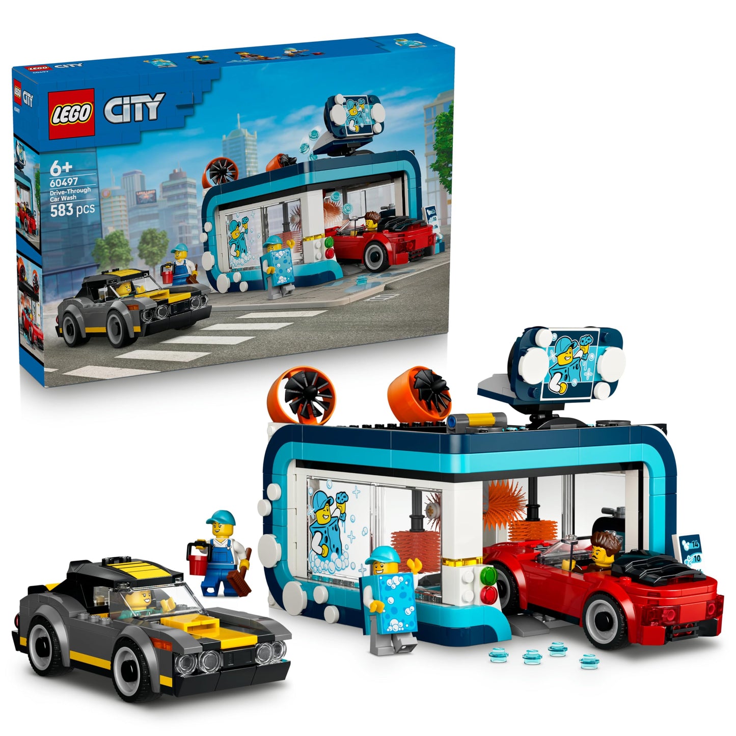 LEGO City car wash toy - including 2 model cars, washing function and 4 minifigures with accessories - birthday gift for boys aged 6 and over - 60497