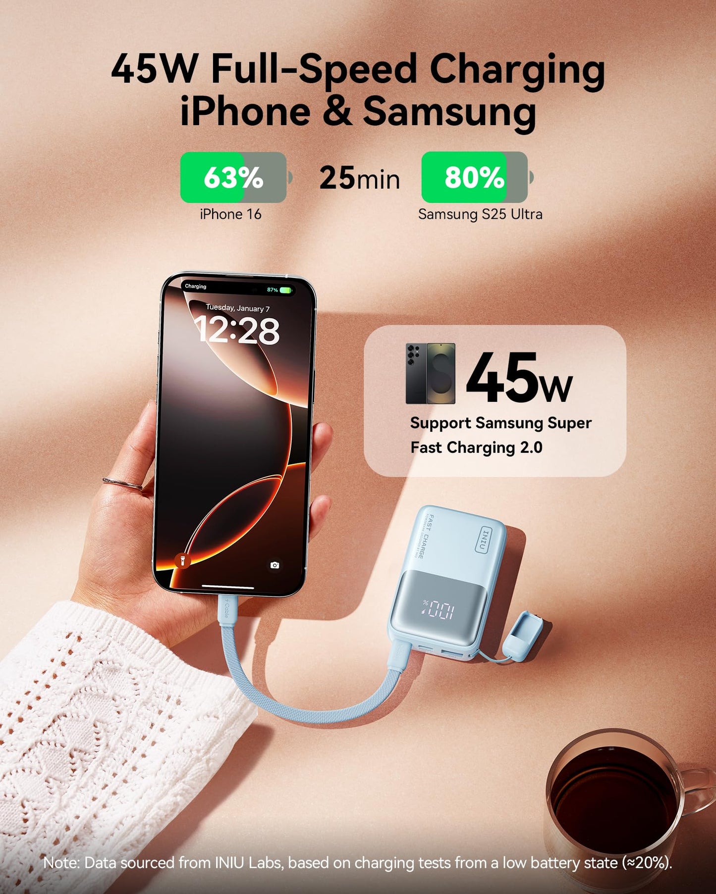 INIU Mini Power Bank, 45W 10000mAh Power Bank Small But Strong (USB C In & Out), Quick Charge Function PD3.0 External Mobile Phone Batteries, Compatible with iPhone 17 16 15 Pro Max Mini Samsung S24, Delicate Blue - P50