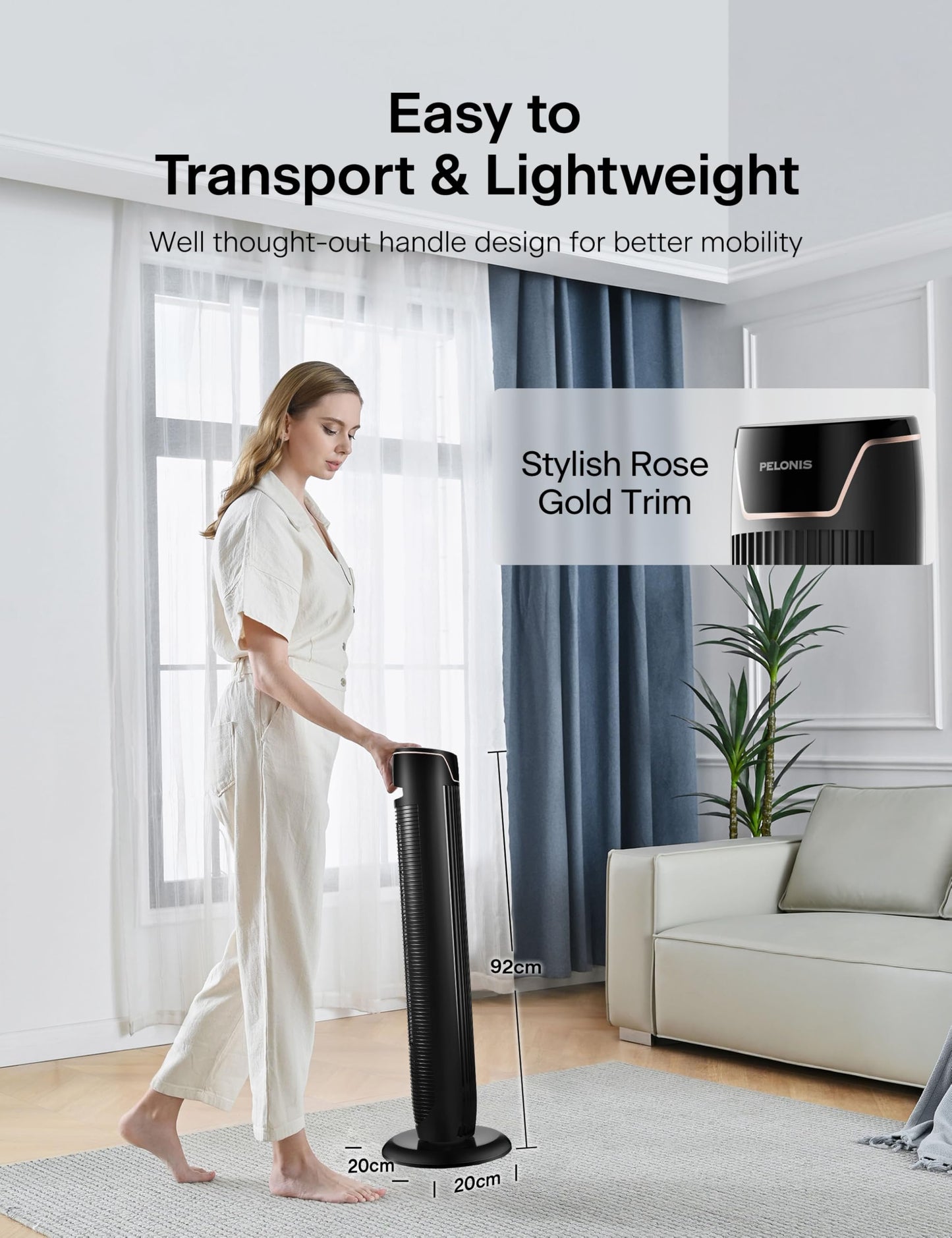 PELONIS Tower Fan with Remote Control - 5 Speed Levels & 4 Modes (AI/Night/Natural Wind) 9H Timer, LED Display with Memory Function - Energy Saving Fan for Office Bedroom - PE-FZ10-25MR-DE