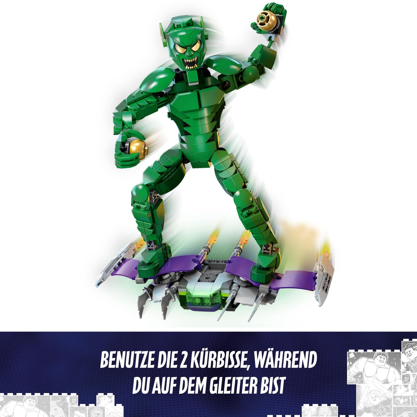 LEGO Marvel Green Goblin building figure - movable supervillain toy for children aged 8 and over - boys and girls - Spider-Man universe set with glider and pumpkin bombs - children's gift - 76284