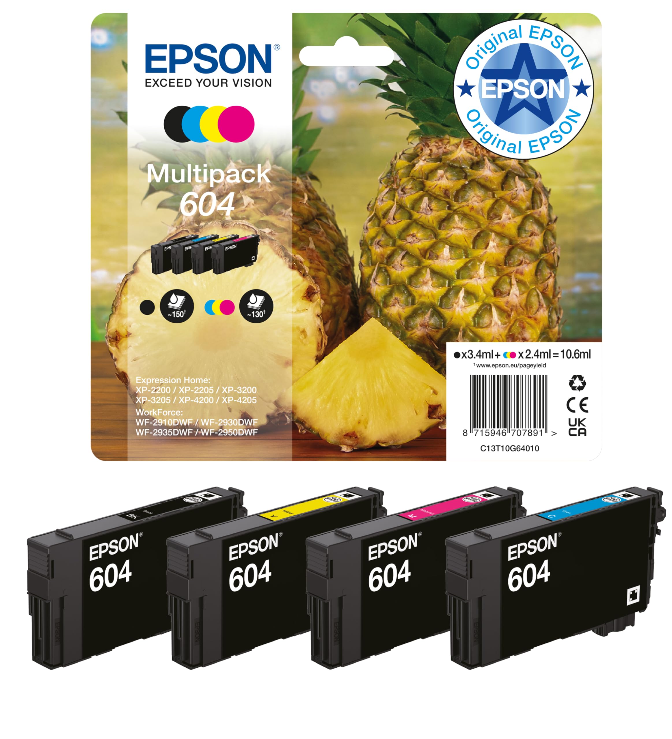 Epson Original 604 Ink Pineapple Multipack 4-color Standard, XP-2200 XP-2205 XP-3200 XP-4205 WF2910DWF WF2930DWF WF2950DWF, ReadyPrint Flex ink tariffs - C13T10G64010