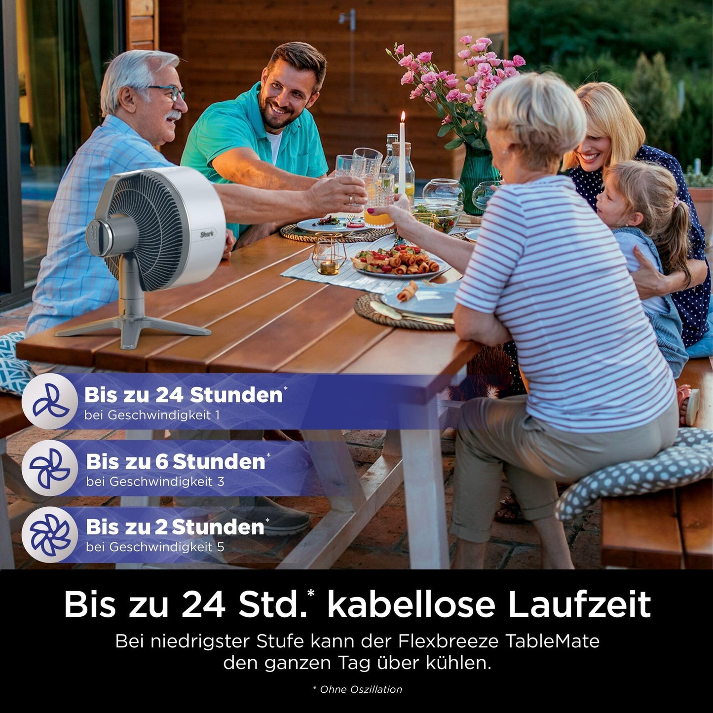 Shark FlexBreeze TableMate cordless fan, indoor & outdoor, ≤24h runtime, high-speed cooling, 20 m range, quiet & durable, 5 speeds, oscillation, remote control FA150EU