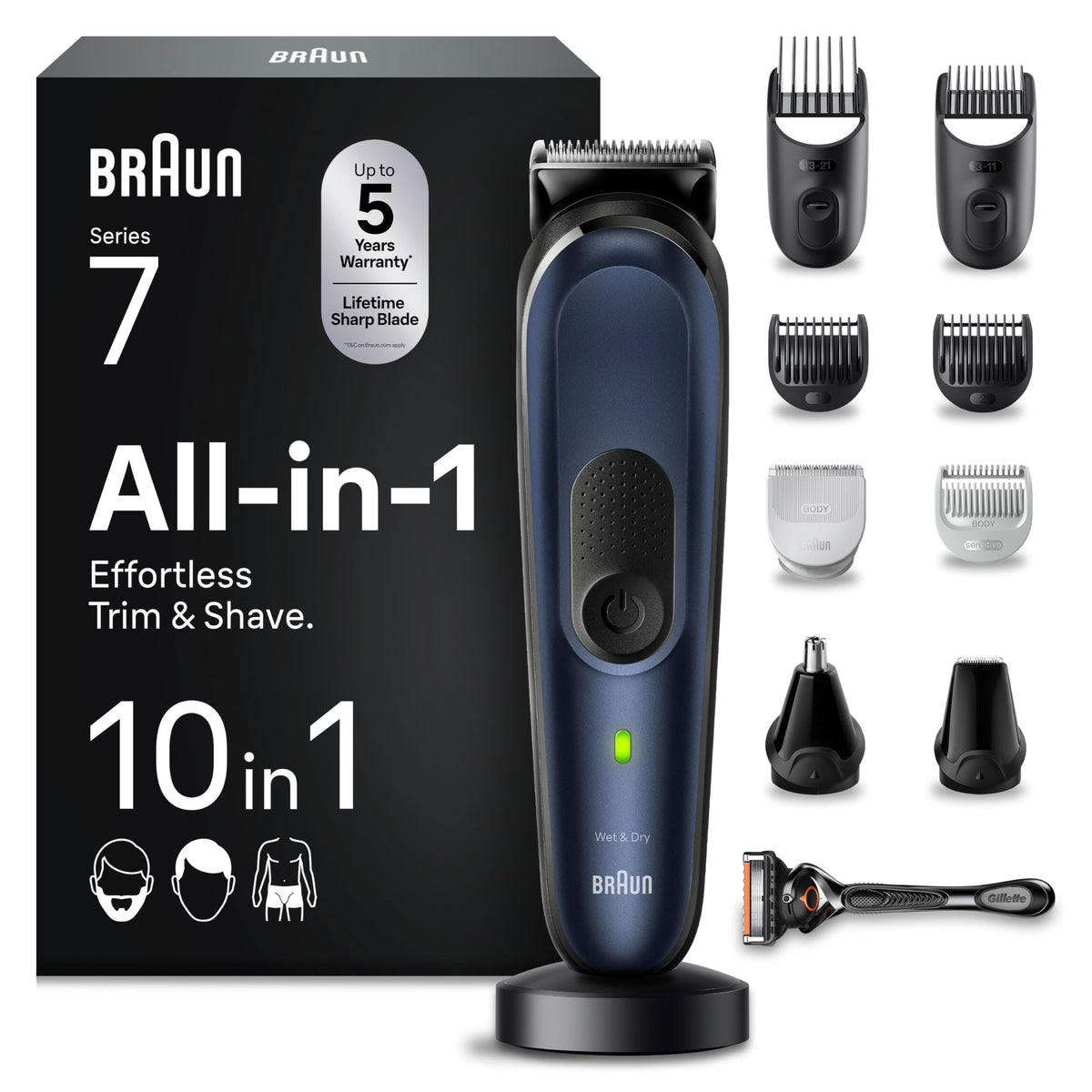 Braun All-In-One Trimmer-Set 7, 10-in-1 Multigroom, trimmer pentru barbă, trimmer pentru părul din nas, mașină de tuns pentru față, cap și corp, 100 min. autonomie, 14 lungimi (3–21 mm), rezistent la apă, MGK7410, Albastru