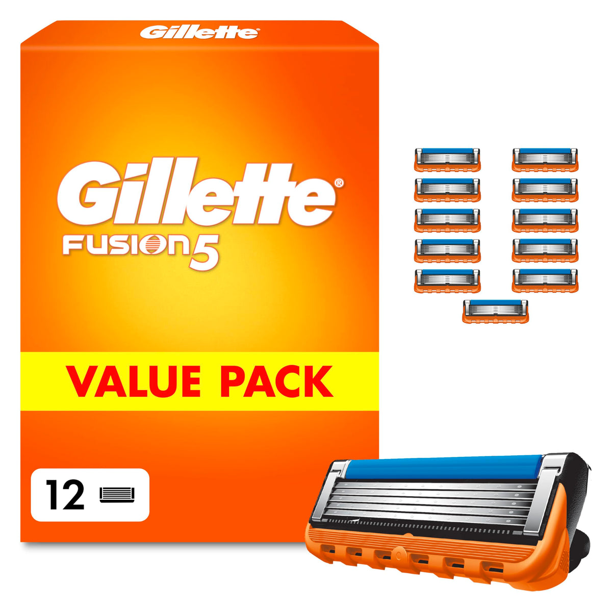 Gillette Fusion 5 Blades for Men, 12 Original Razor Blades, Orange - 8700216478304