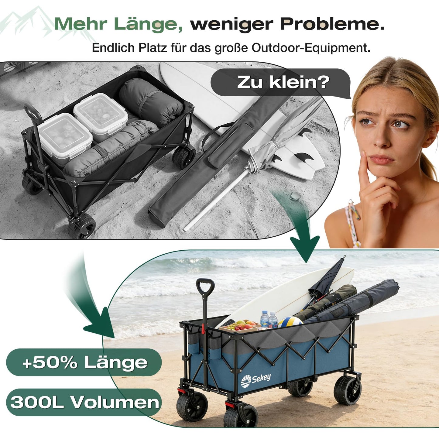 Sekey XXXL handcart foldable 300L 200KG load-bearing, extended folding handcart with extra width 17x10 cm all-terrain wheels handcart, patented 4-way instant assembly transport cart, blue with gray - 4013