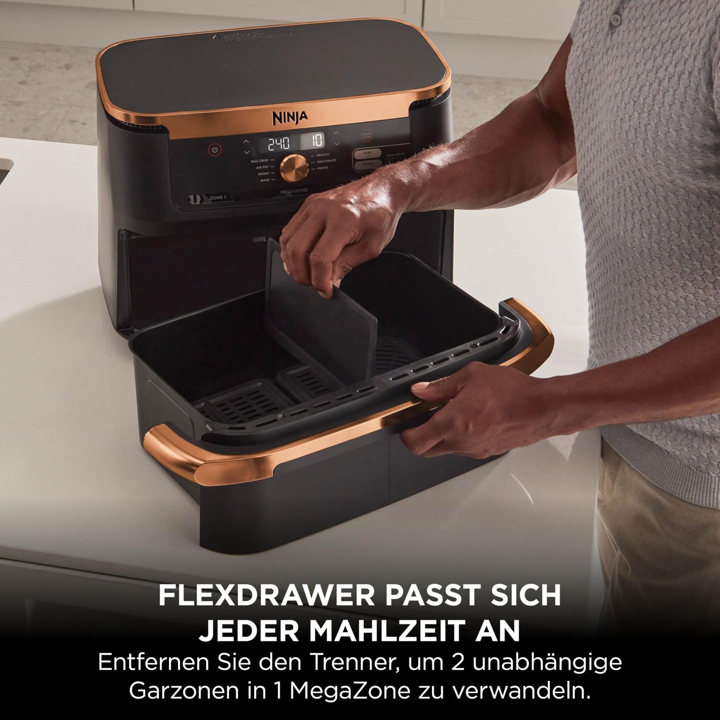 Ninja Foodi FlexDrawer Dual Zone Air Fryer, Air Fryer with 10.4 Compartment and Removable Divider, Non-Stick Coating, Dishwasher Safe Basket, 7-in-1, Black & Copper, AF500EUCP