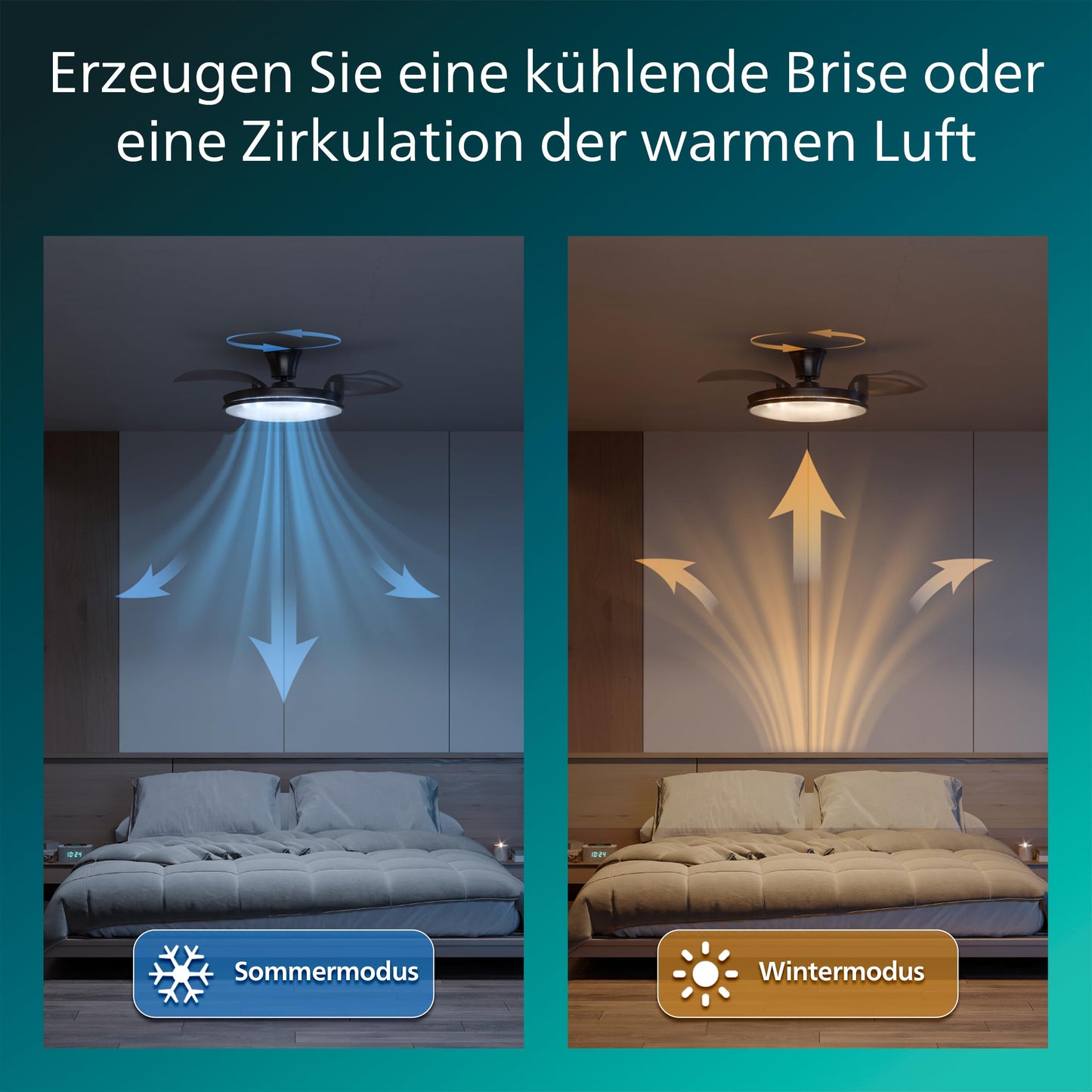 Philips Atlas ceiling fan with LED light and retractable blades, 3 blades, 106 cm wingspan, 4,500 lumens, adjustable. Light (3,000 K to 6,500 K), dimmable up to 5%, incl. remote control, nickel - 929004749901