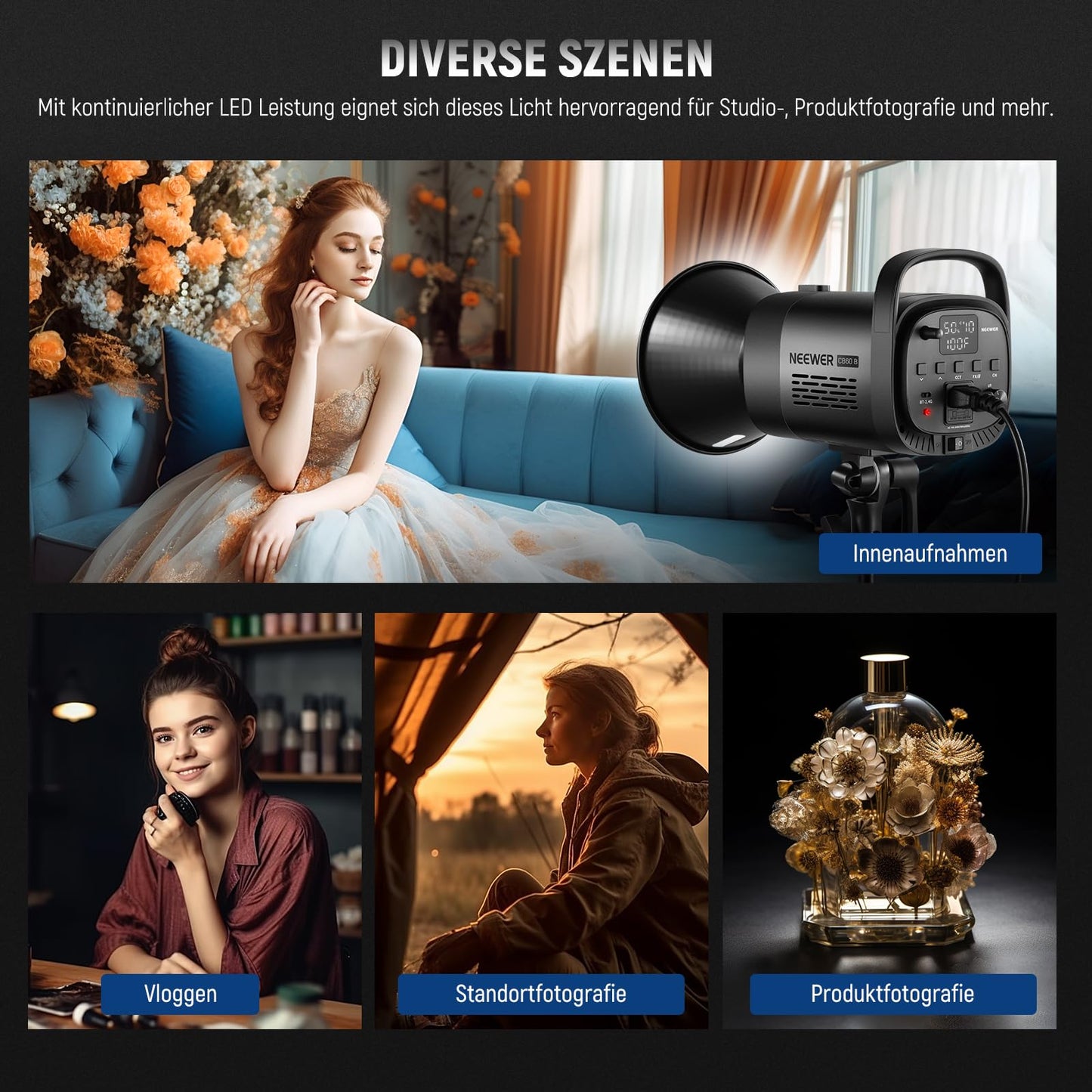 NEEWER 70W LED video light, 2.4G and APP control, two-tone 2700K-6500K video light, 34000 lux/1m, CRI97+/12 scenes/Bowens COB continuous light for studio photography video recording and streaming, CB60B - 10102325