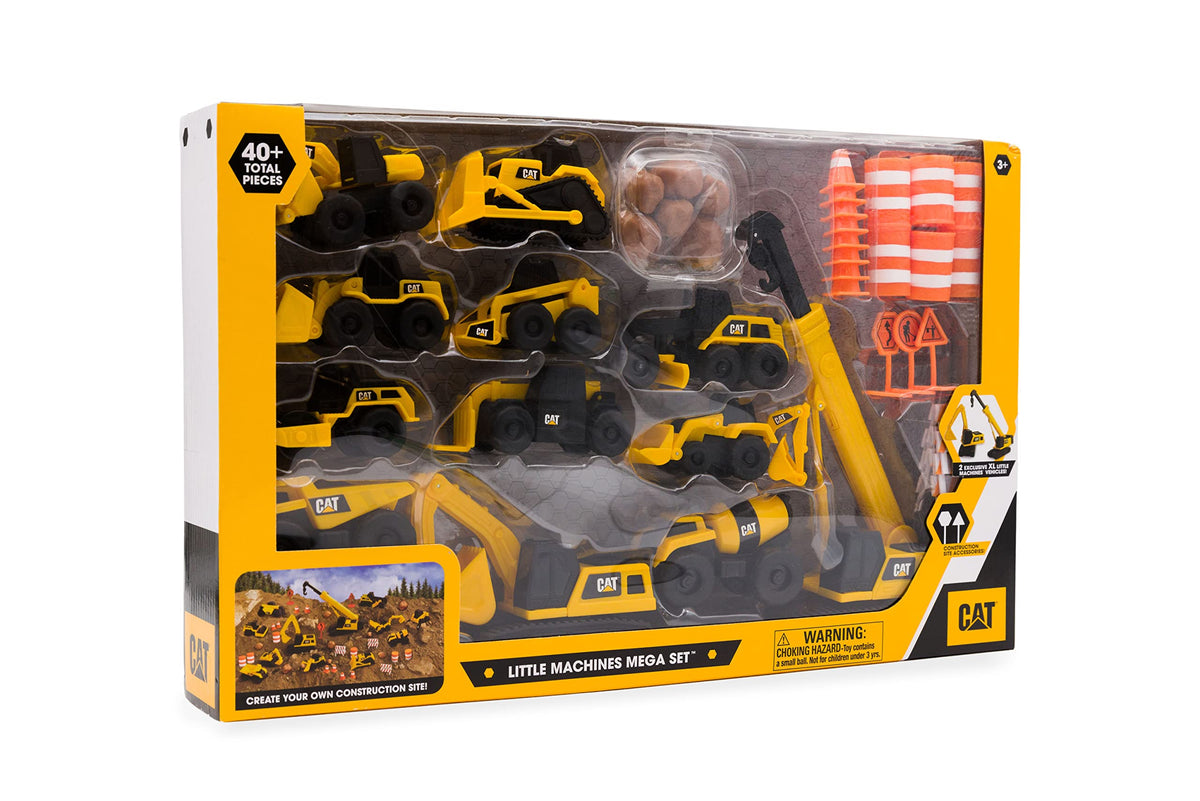 CAT® Construction Little Machines Mega-Set I With 40 pieces I Includes vehicles, a crane, traffic signs, cones, blocks, and cylinders I For children aged 3 and up, Yellow, 1:64 - 83337