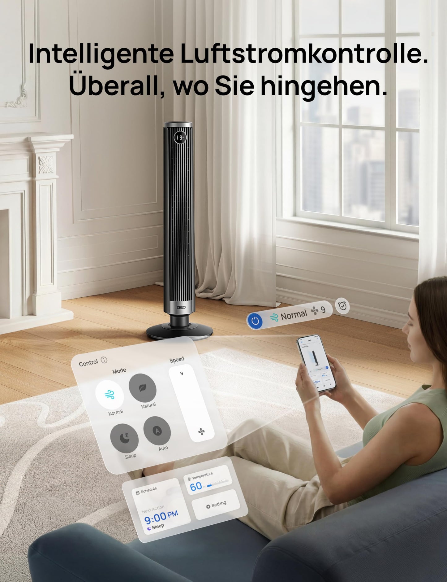 DREO Smart 102-114cm tower fan for bedroom, height adjustable, 8.4m/s, DC motor, 9 levels, 4 modes, 90° oscillation, pedestal fan, 20dB quiet, 12H timer for home and office, Google/Alexa - DR-HTF024S