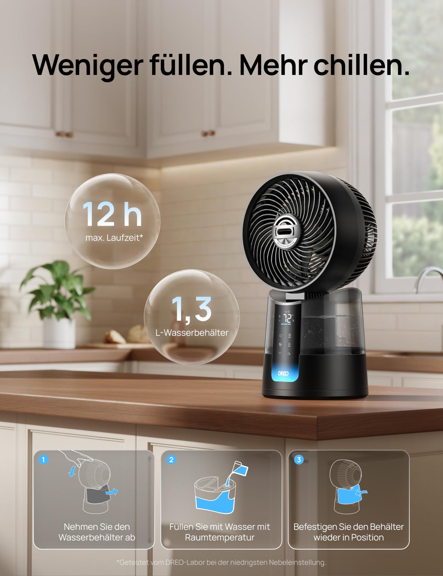 DREO TurboCool Mist Fan 516S, table fan with 150°+30° oscillation, evaporative cooler, 7.9 m/s, ultra-fine mist, 20 dB quiet, 6 speeds, 2 modes, app & remote control, RGB, gray - DR-HEC006S