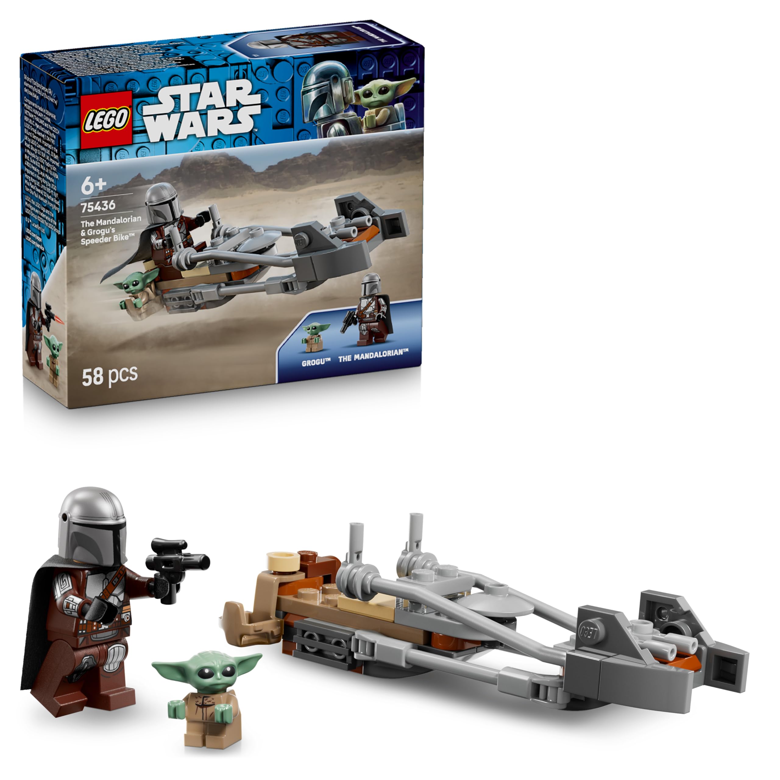 LEGO Star Wars The Mandalorian and Grogu on their speeder bike - set with vehicle and 2 Star Wars figures for action adventures - gift for children aged 6 and over - 75436