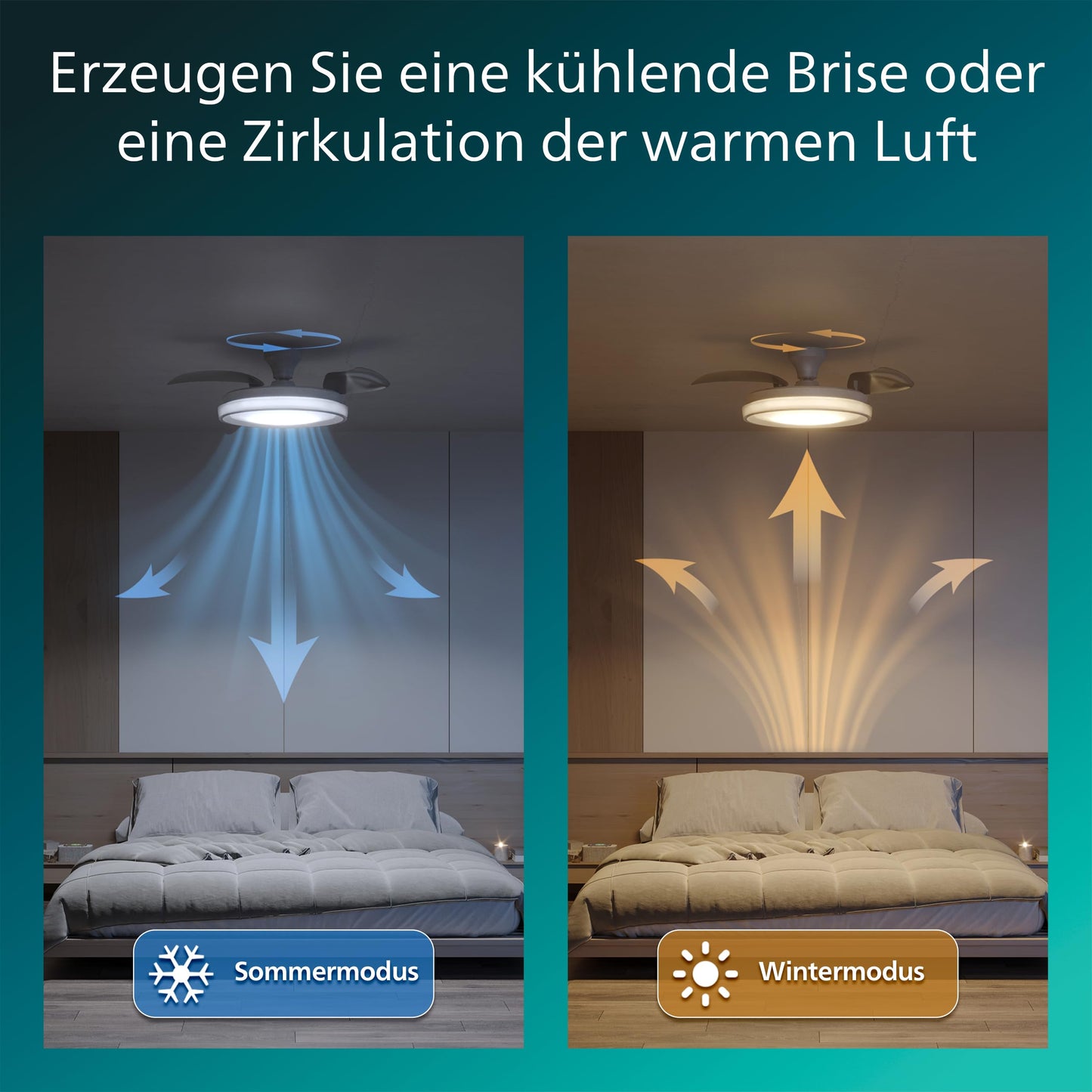 Philips Bliss ceiling fan with LED light and retractable blades, 3 blades, 106 cm wingspan, 4,500 lumens, adjustable. Light (3,000 K to 6,500 K), dimmable up to 5%, including remote control, white - 929004749601